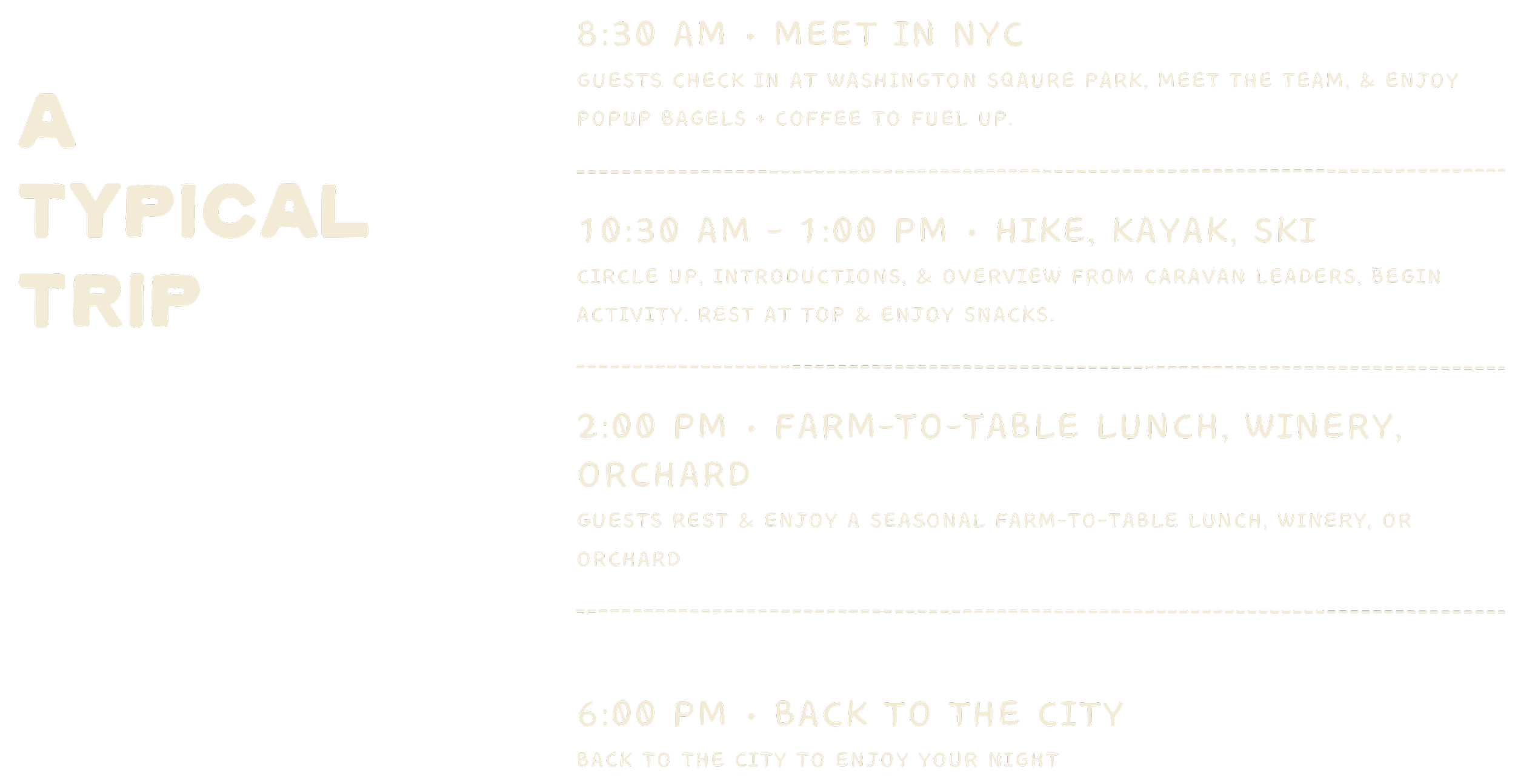 A black background with white text detailing a schedule of activities for a trip, including check-in, hiking, kayaking, skiing, farm-to-table lunch, and returning to the city.