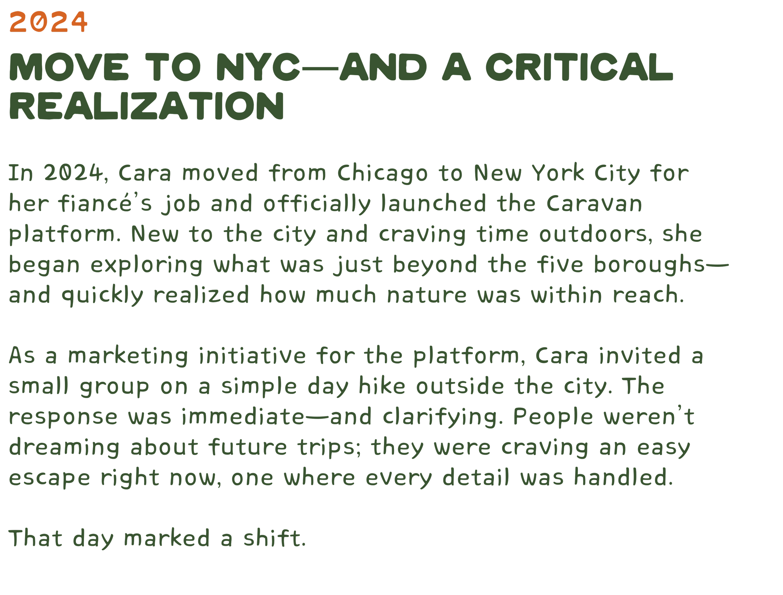 Text image with the year 2024 in orange and the heading 'Move to NYC—and a critical realization' in large green font, followed by a paragraph discussing Cara's move from Chicago to New York City, her exploration of outdoor spaces, and her marketing initiative involving a day hike outside the city, highlighting a shift or realization.