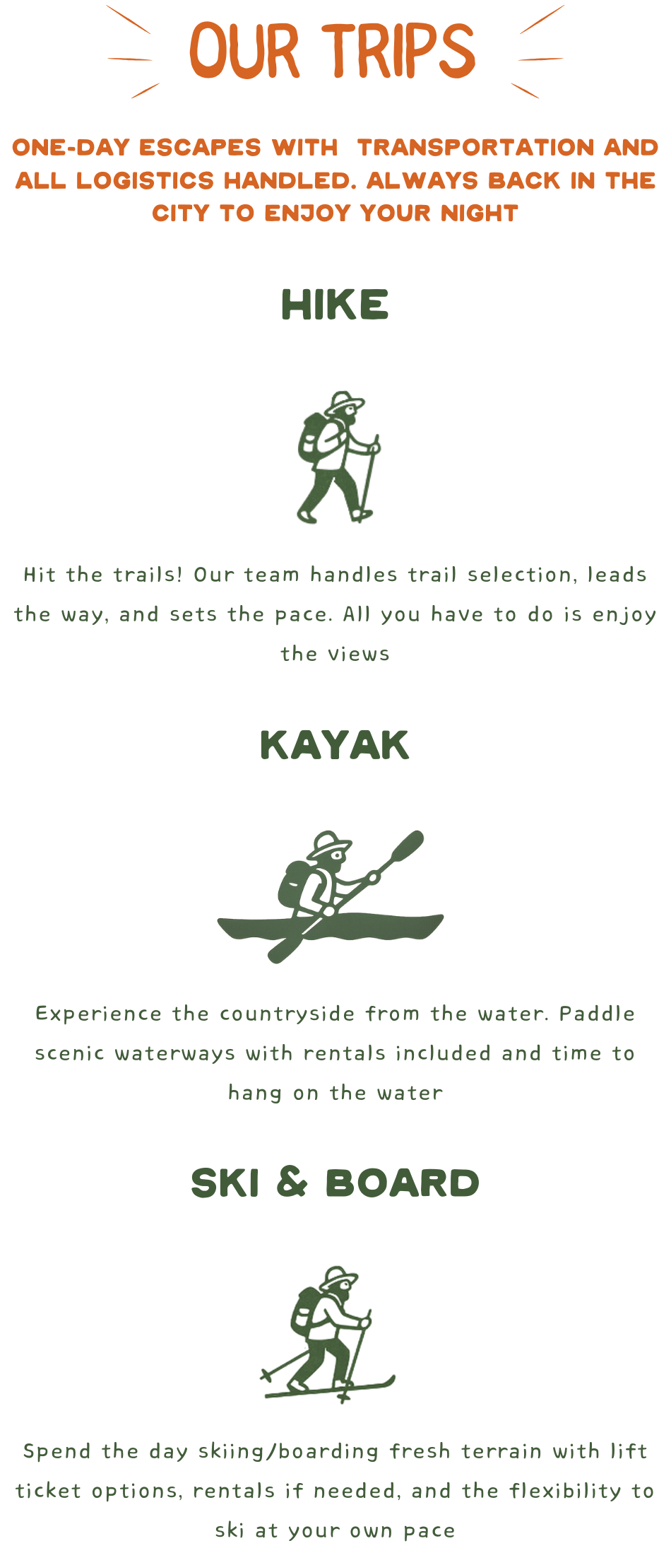 A travel itinerary with activities including hiking, kayaking, and skiing or snowboarding, featuring descriptions and icons for each activity.