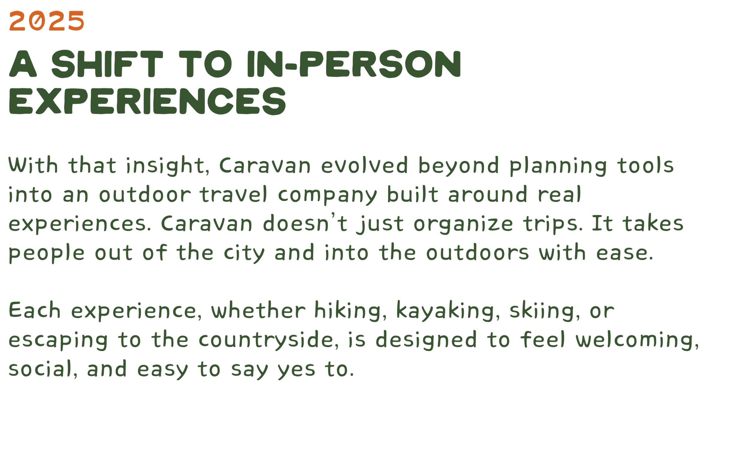 Text poster with the title '2025: A Shift to In-Person Experiences' and detailed description of Caravan's outdoor travel experiences, emphasizing outdoor activities like hiking, kayaking, skiing, and escaping to the countryside.