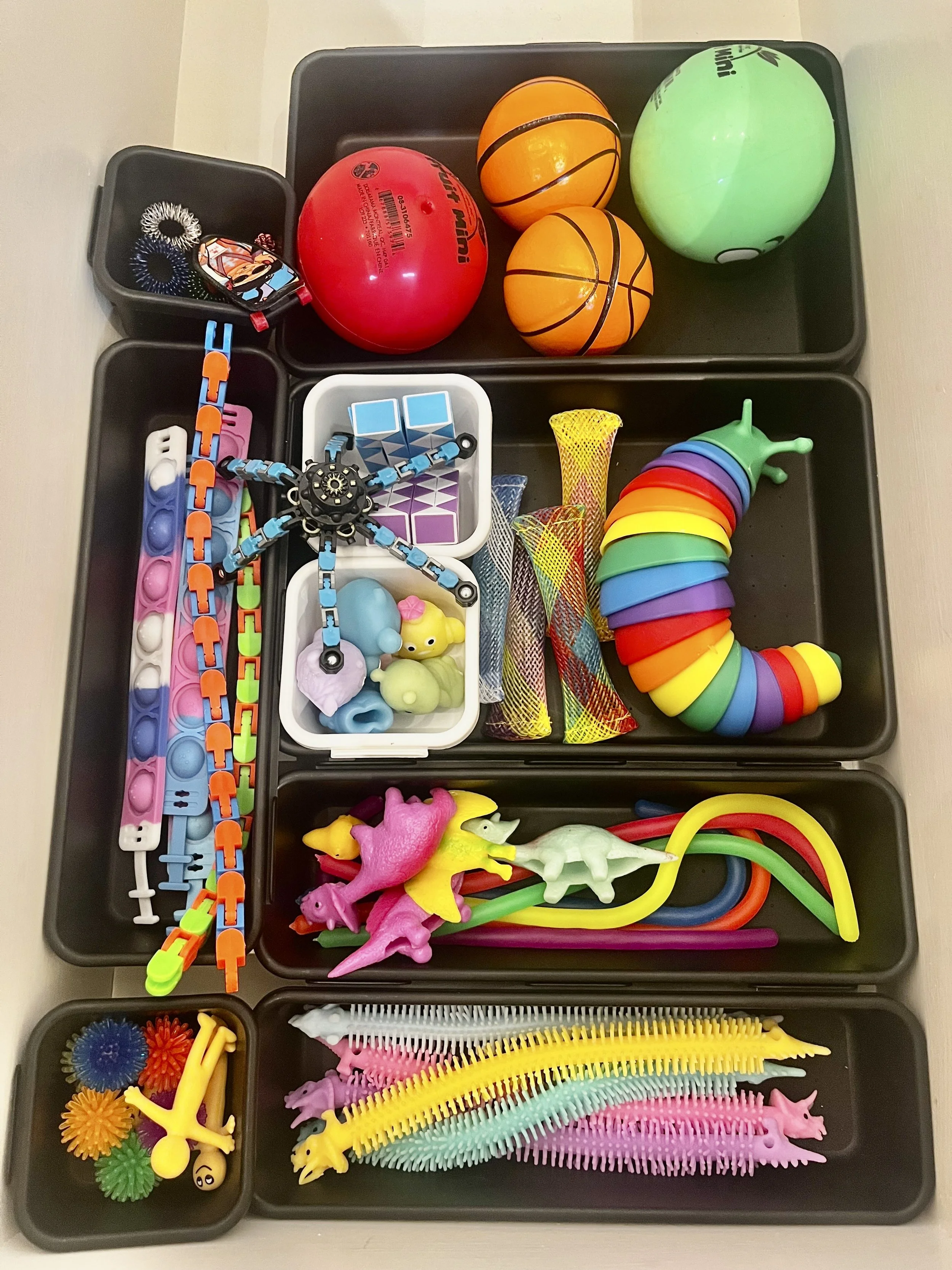Collection of colorful children's fidgets including balls, animal-shaped figures, plastic snakes, stacking rings, and various textured manipulatives stored in black trays.