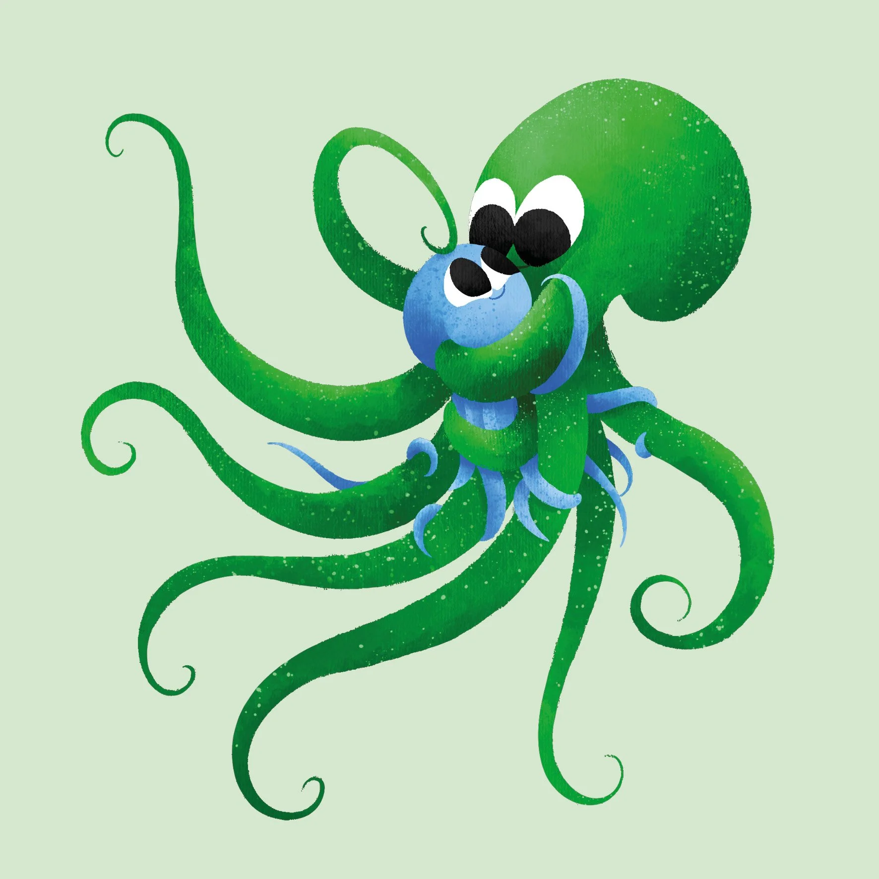 Grøn og blå illustration af en blæksprutte og dens baby fra bogen
