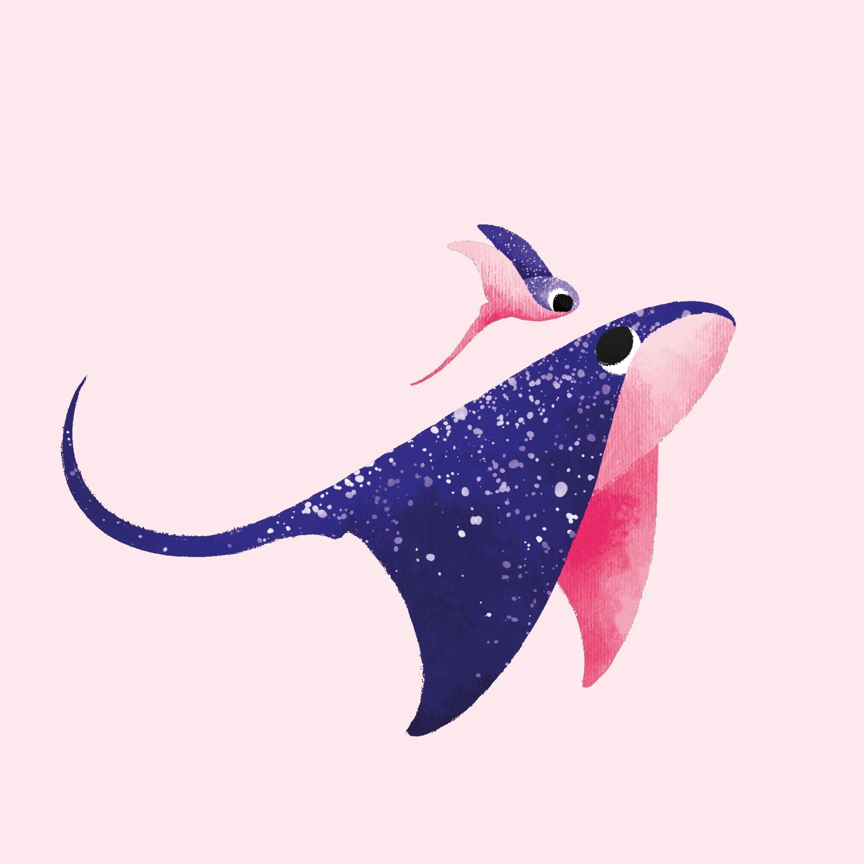 Lyserød illustration af en rokke med sin baby på pink baggrund