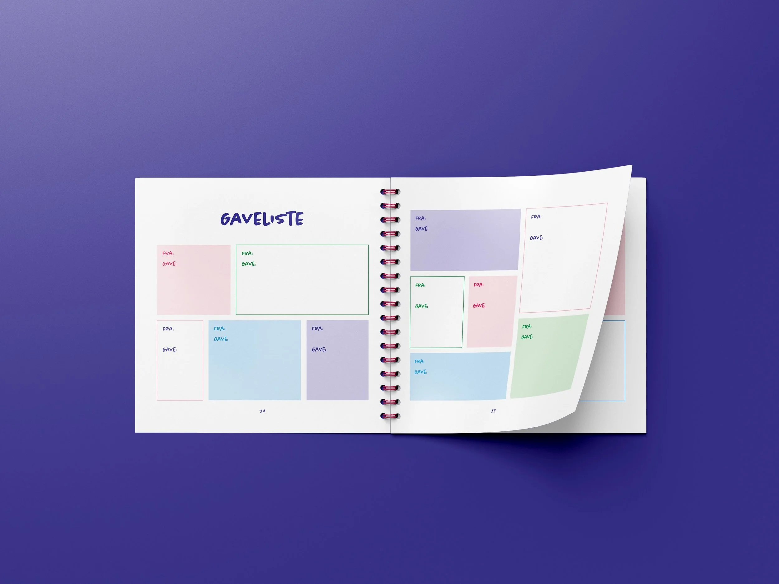 Farverig side fra babyshower-bogen designet til gaveliste og gaveoversigt