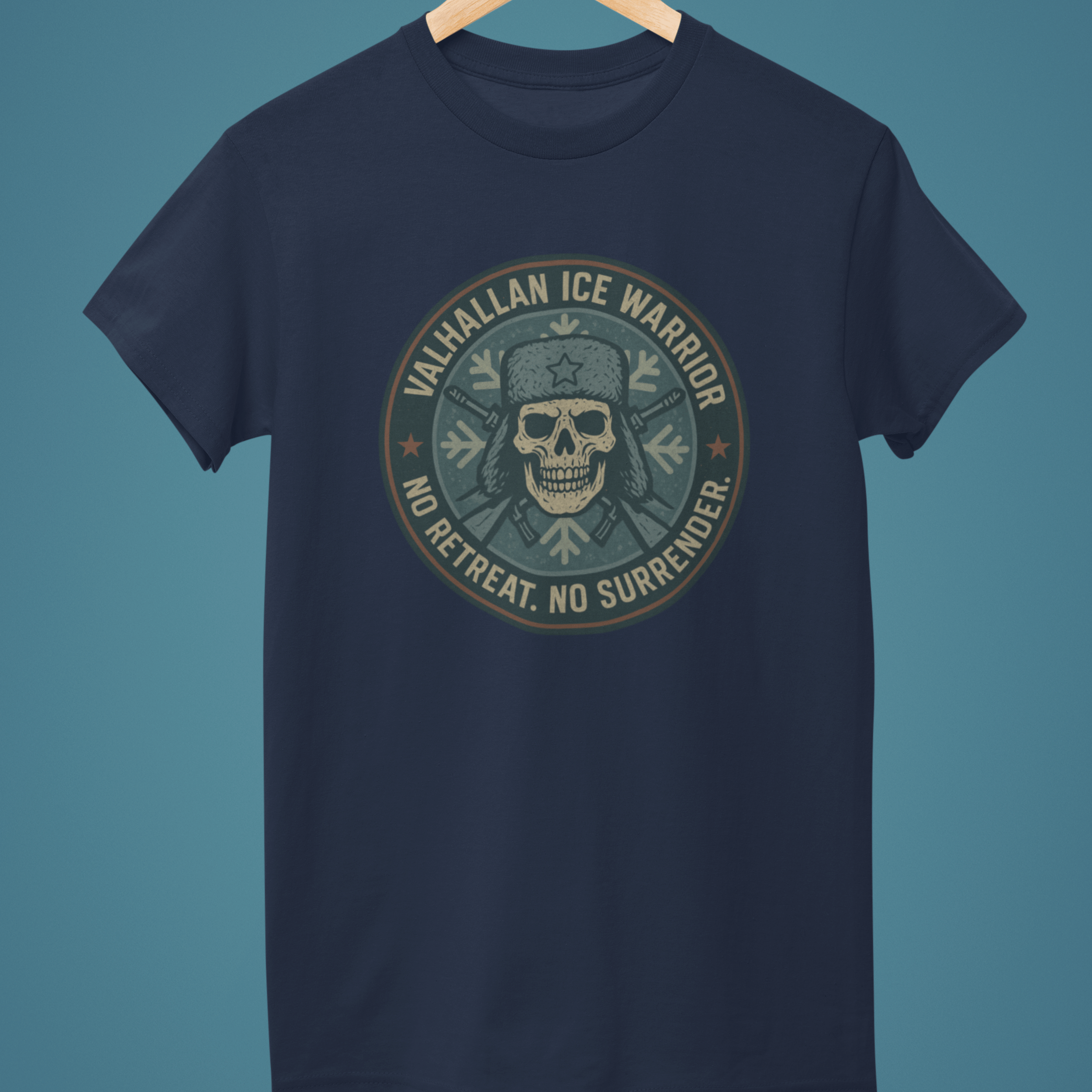 navy Warhammer 40k Valhallen Ice Warror tshirt with Imperial Guard emblem