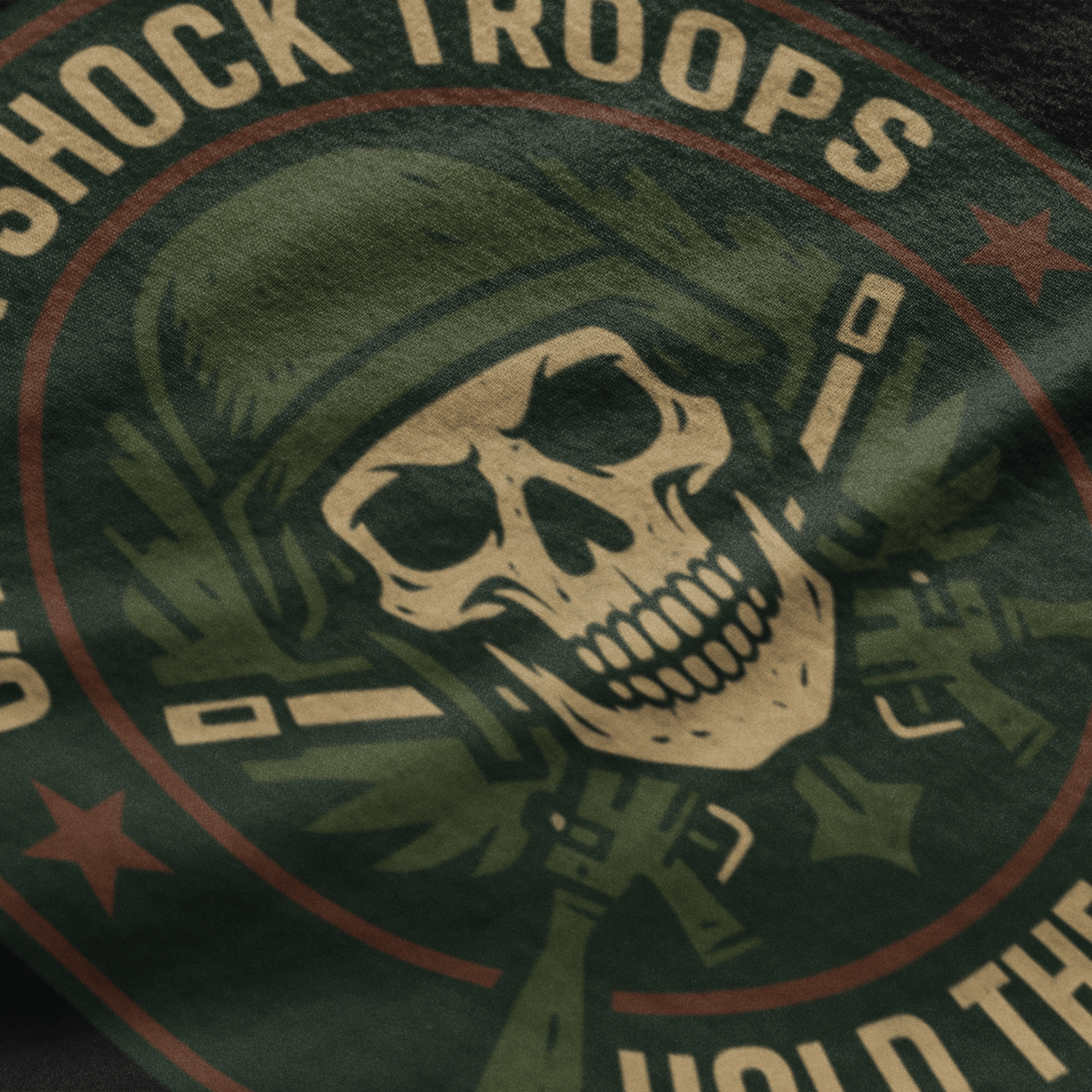 close up of Warhammer 40k cadian shock troop tshirt