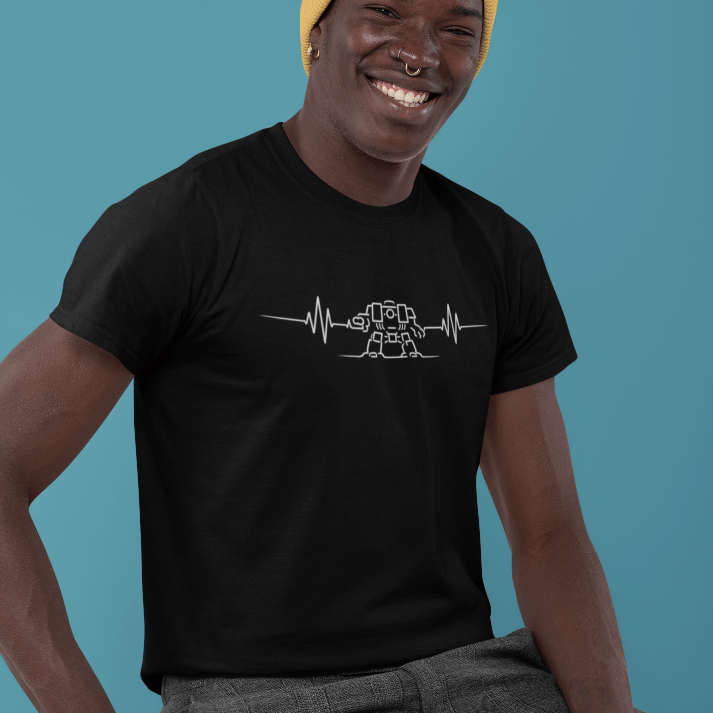 close up of man wearing Funny warhammer t-shirt with dreadnought pulse for wargamers who live and breathe 40K