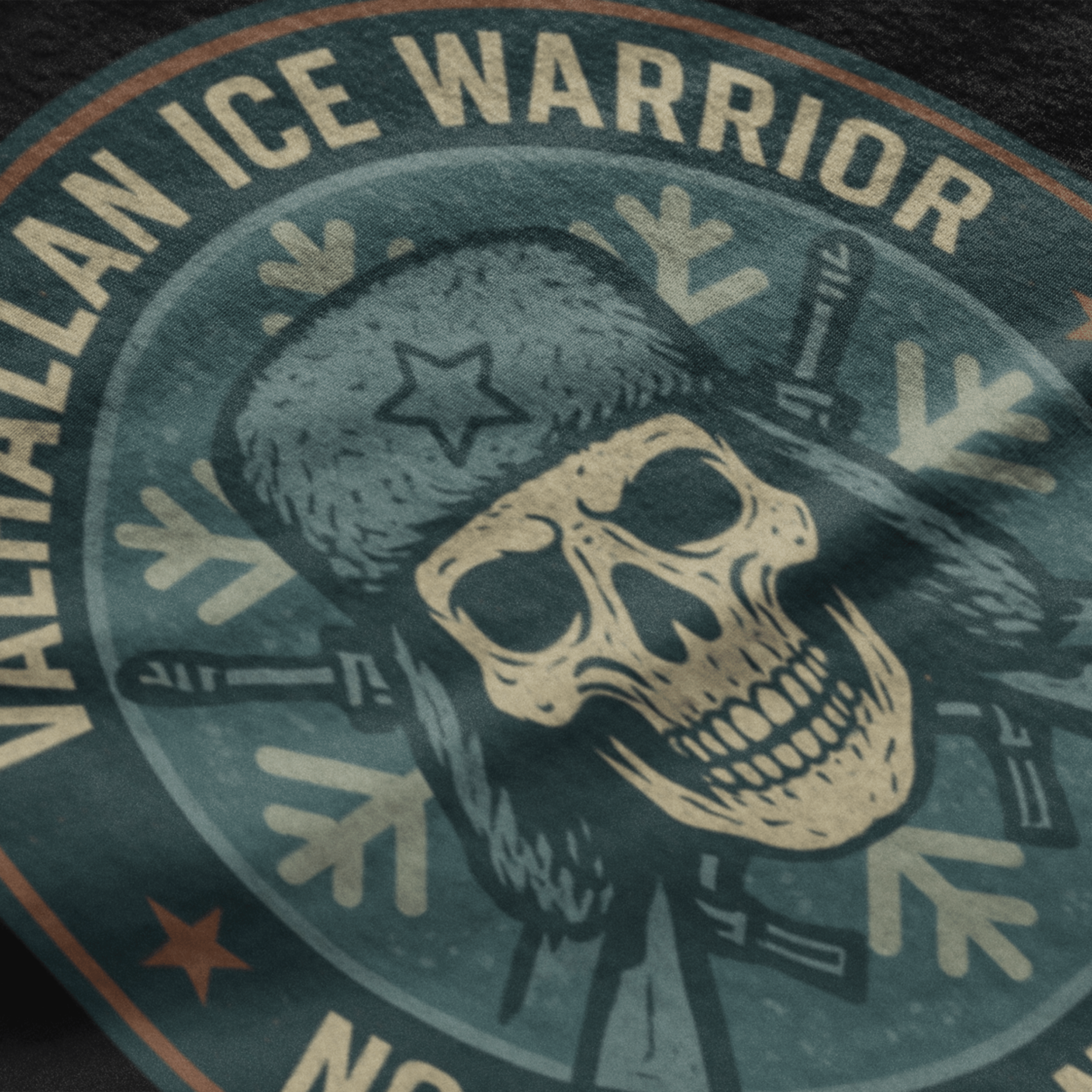 close up of Warhammer 40k Valhallen Ice Warror tshirt with Imperial Guard emblem