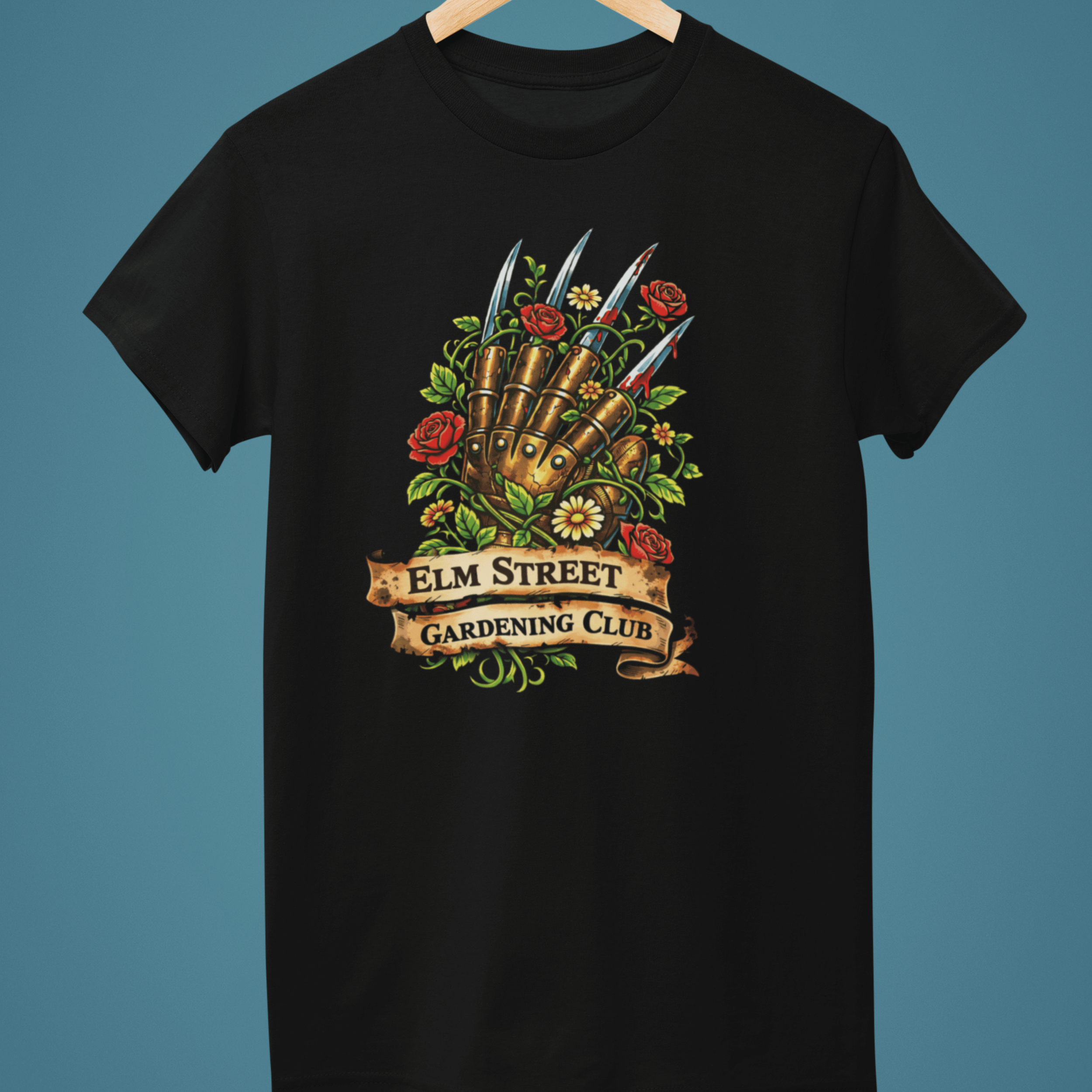 black Nightmare on Elm Street t-shirt with freddy's claw and "elm street gardening club" sign