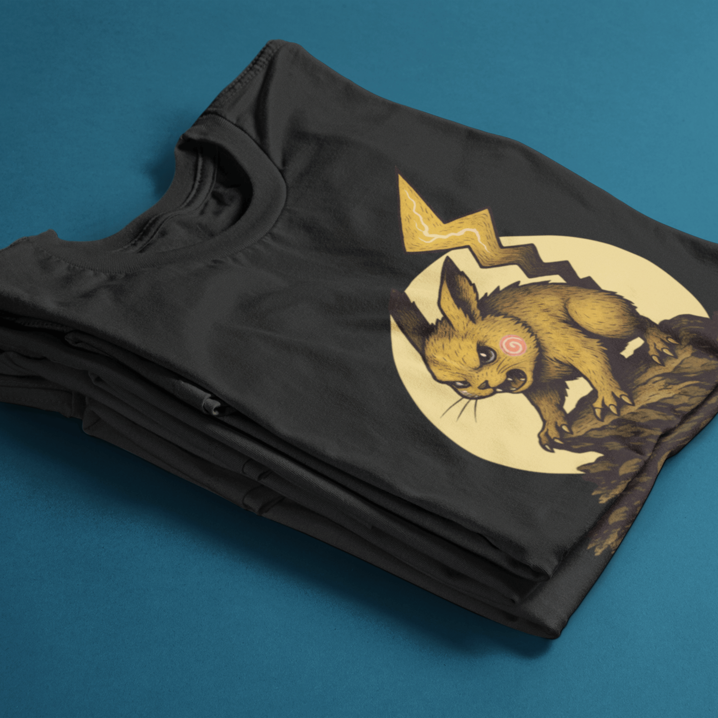 folded Pokemon t-shirt with fantasy Pikachu creature