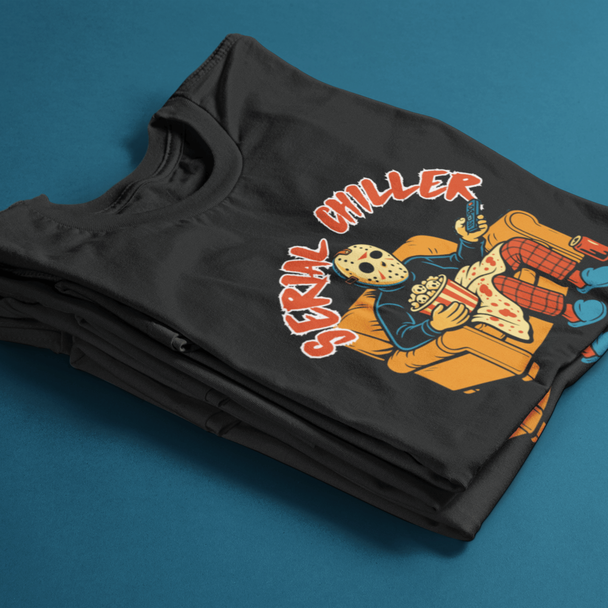 folded horror movie lover t-shirt with jason vorhees watching slasher movies