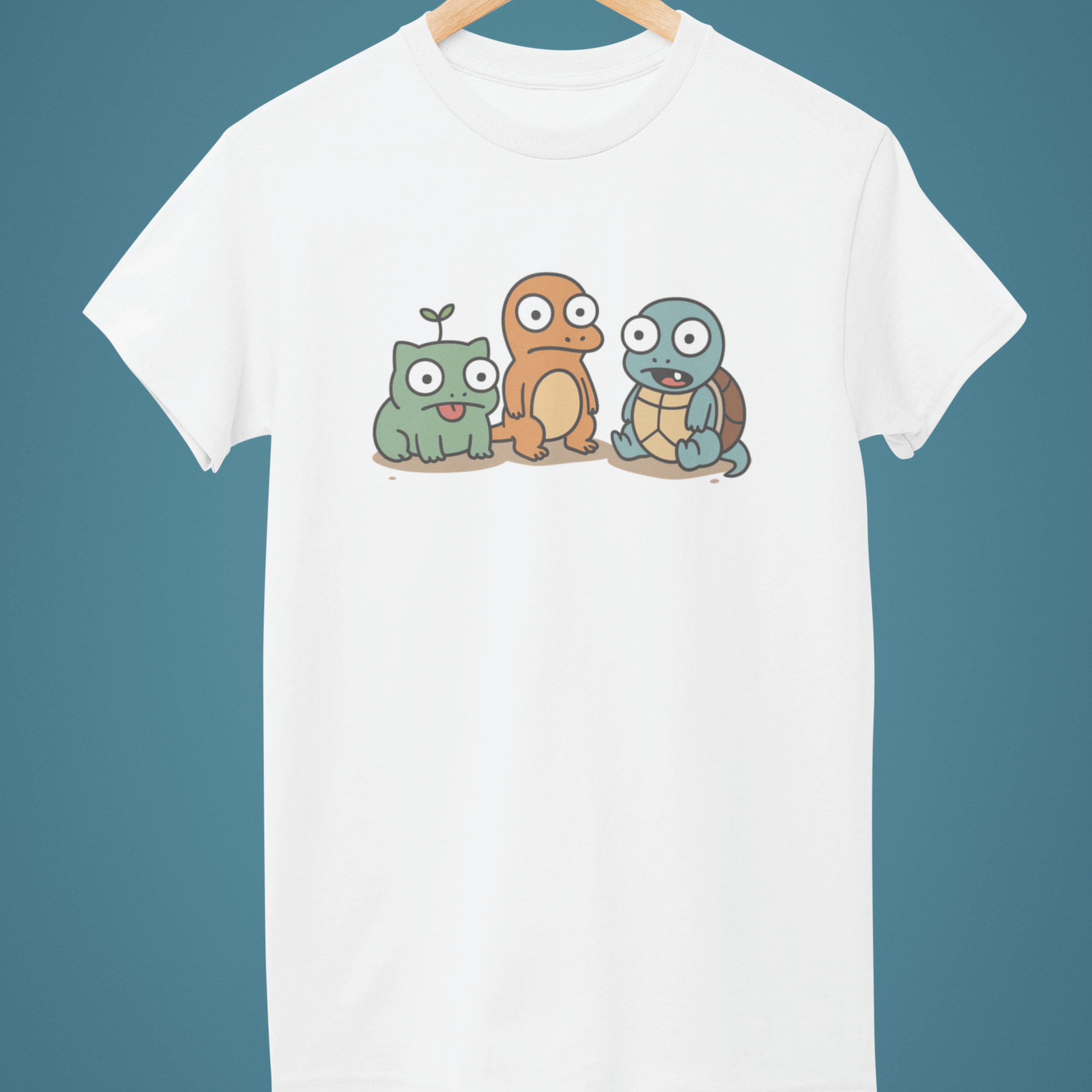 white funny pokemon t-shirt with derpy starters