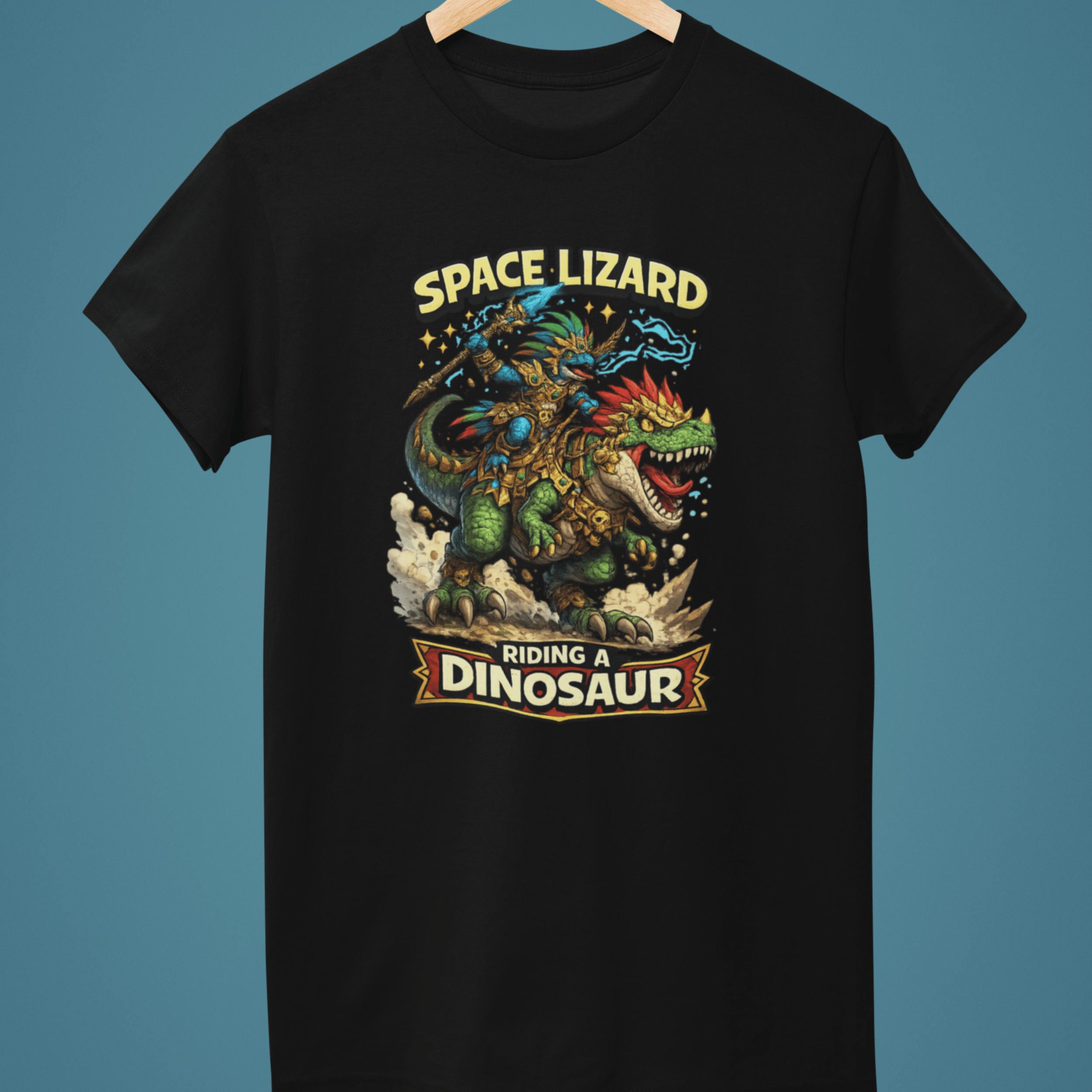 black Warhammer Age of Sigmar Seraphon t-shirt featuring a space lizard riding a dinosaur