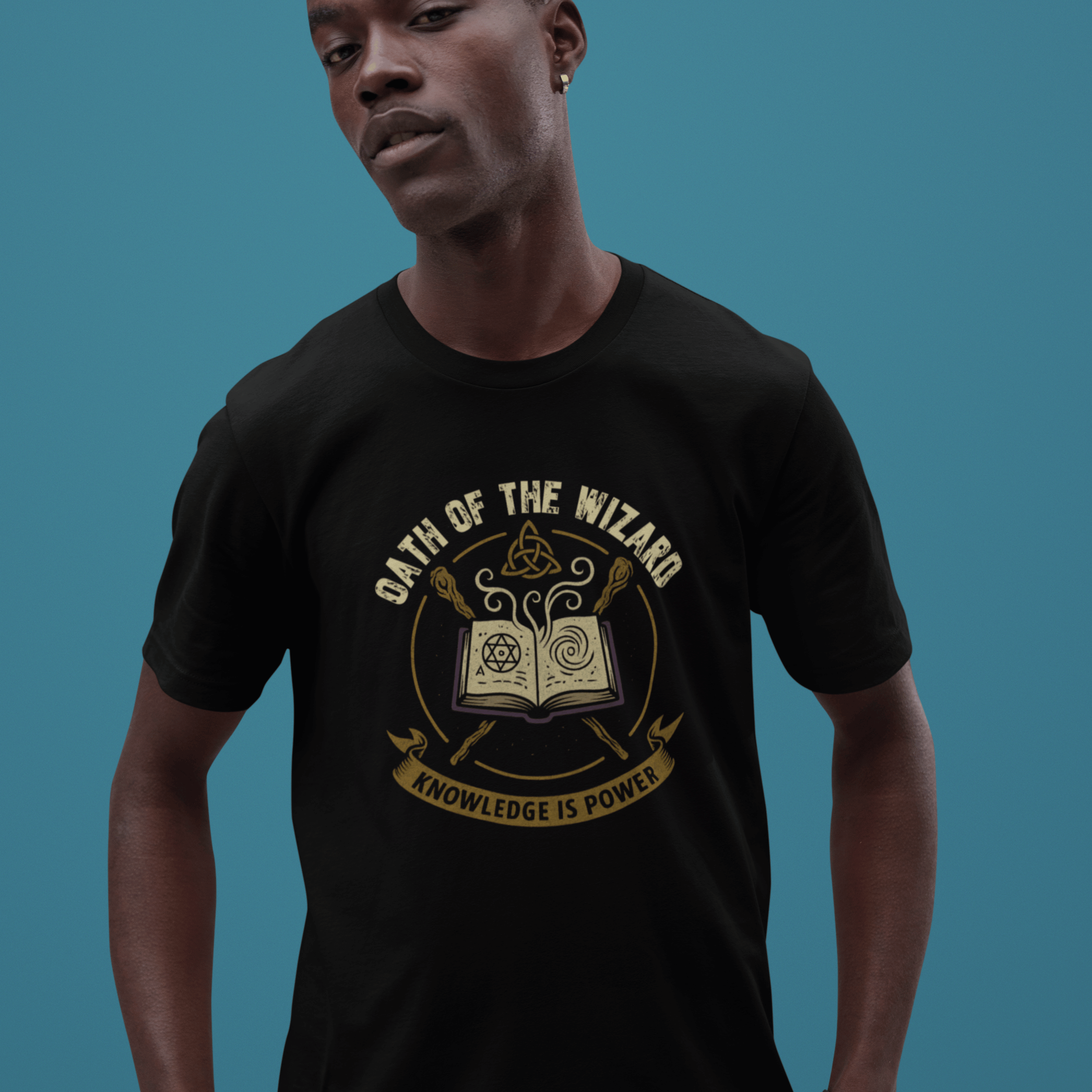 man wearing D&D-inspired wizard T-shirt for tabletop RPG players with subtle gaming humour