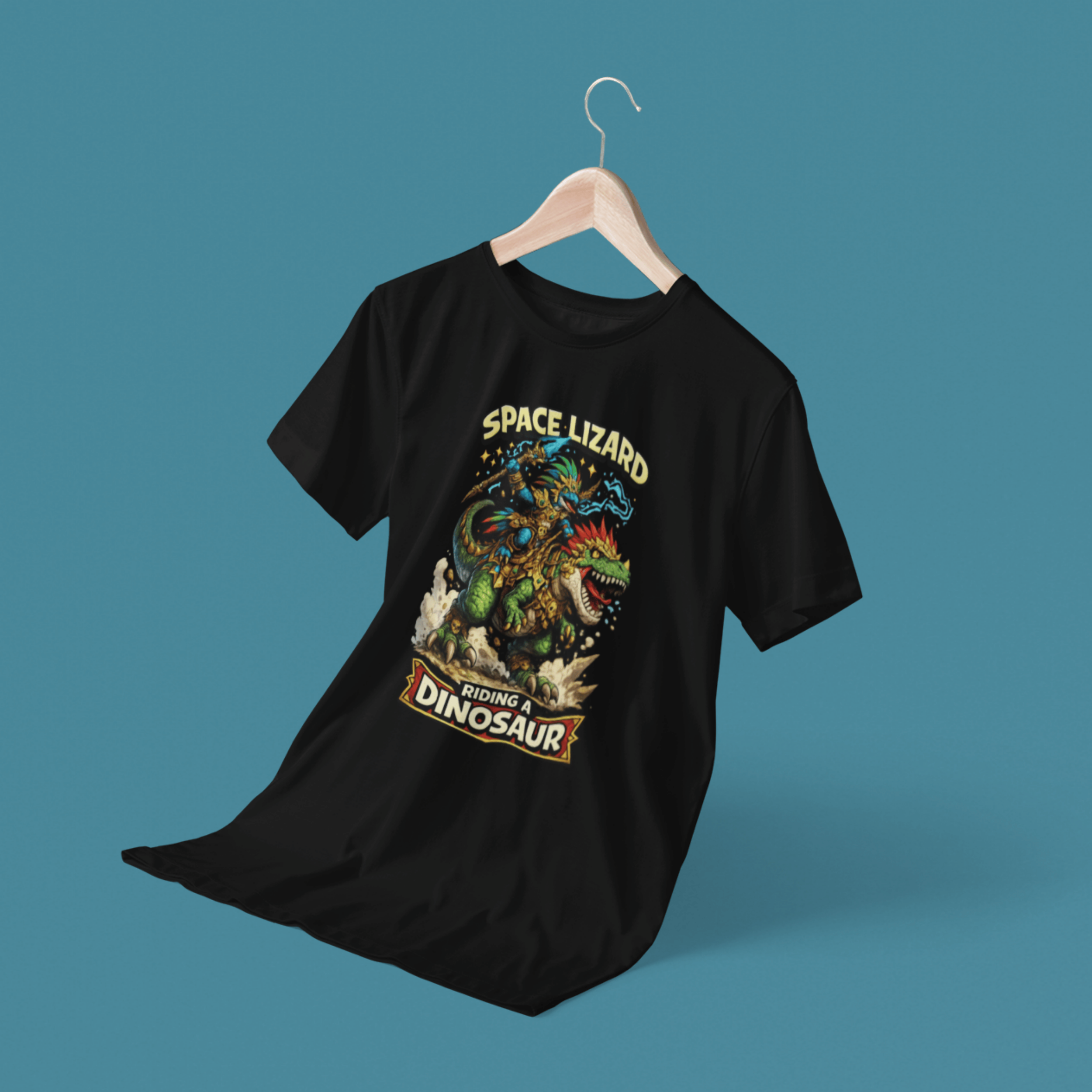 floating Warhammer Age of Sigmar Seraphon t-shirt featuring a space lizard riding a dinosaur