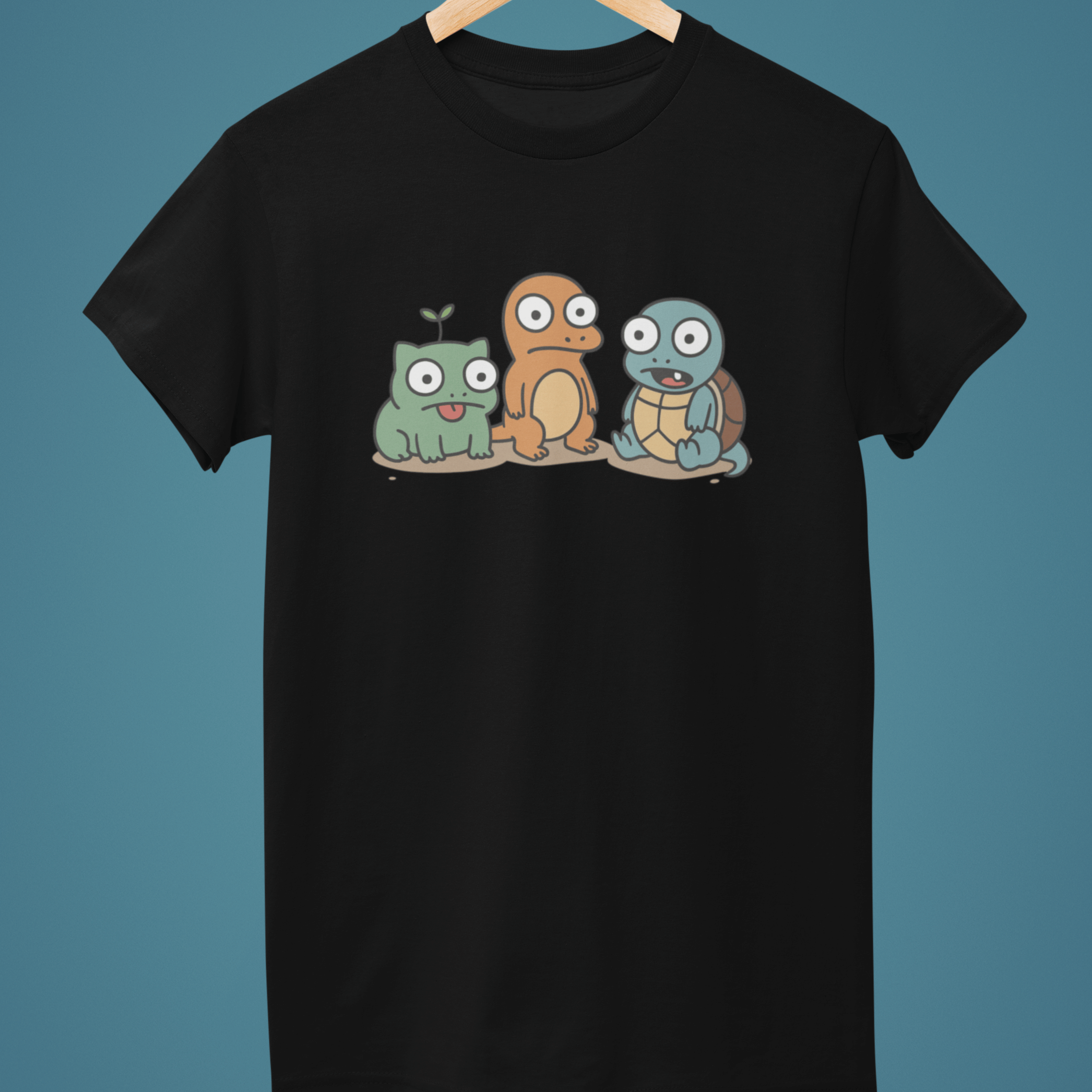 black funny pokemon t-shirt with derpy starters