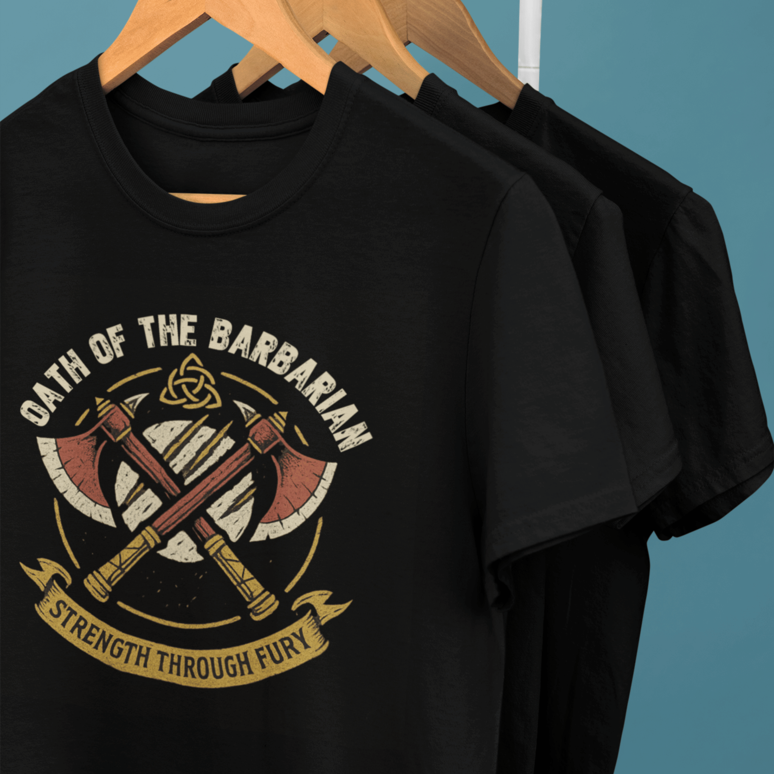 rack of D&D barbarian t-shirts with emblem of "oath of the barbarian"