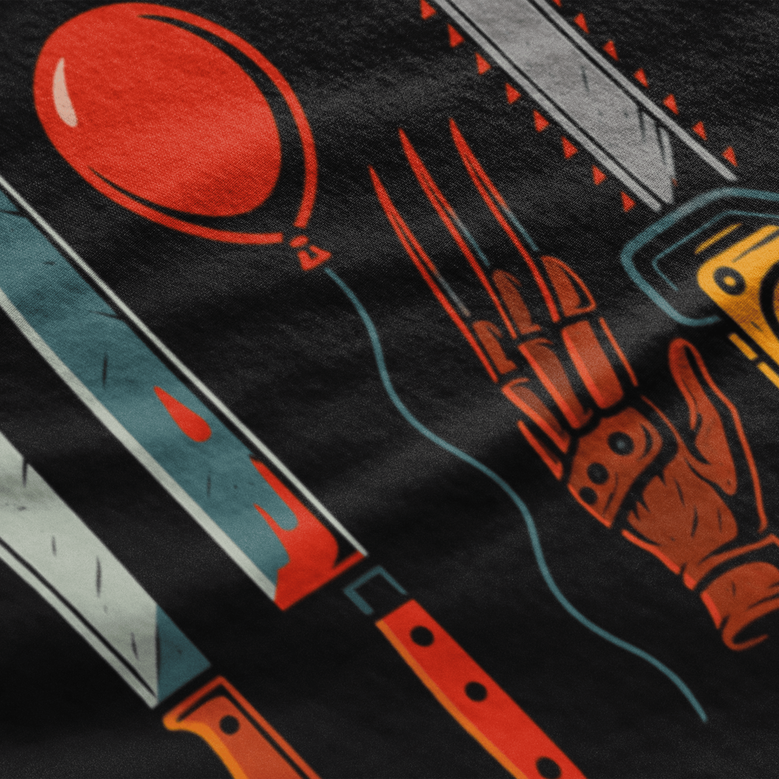 close up of Horror movie villain weapons tshirt