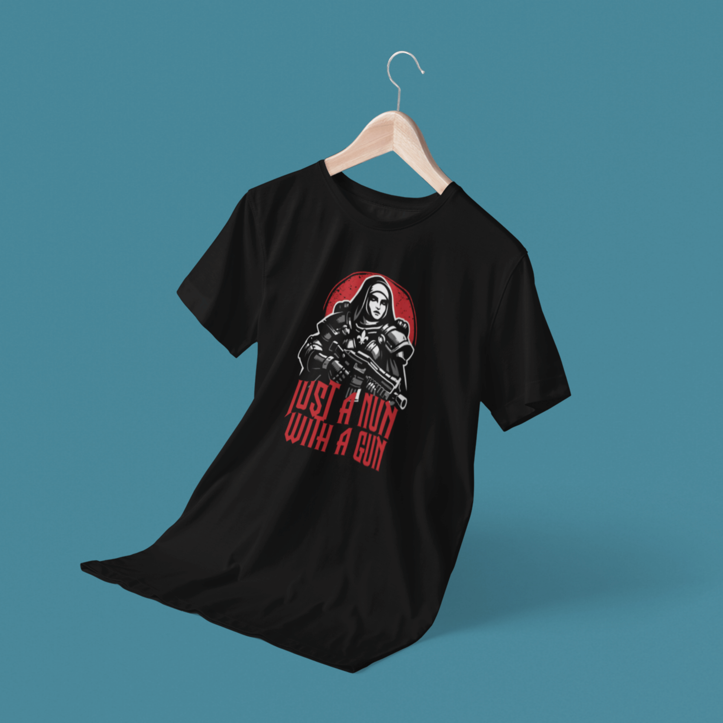 floating Warhammer 40k Adepta Sororitas t-shirt featuring "just a nun with a gun" graphic