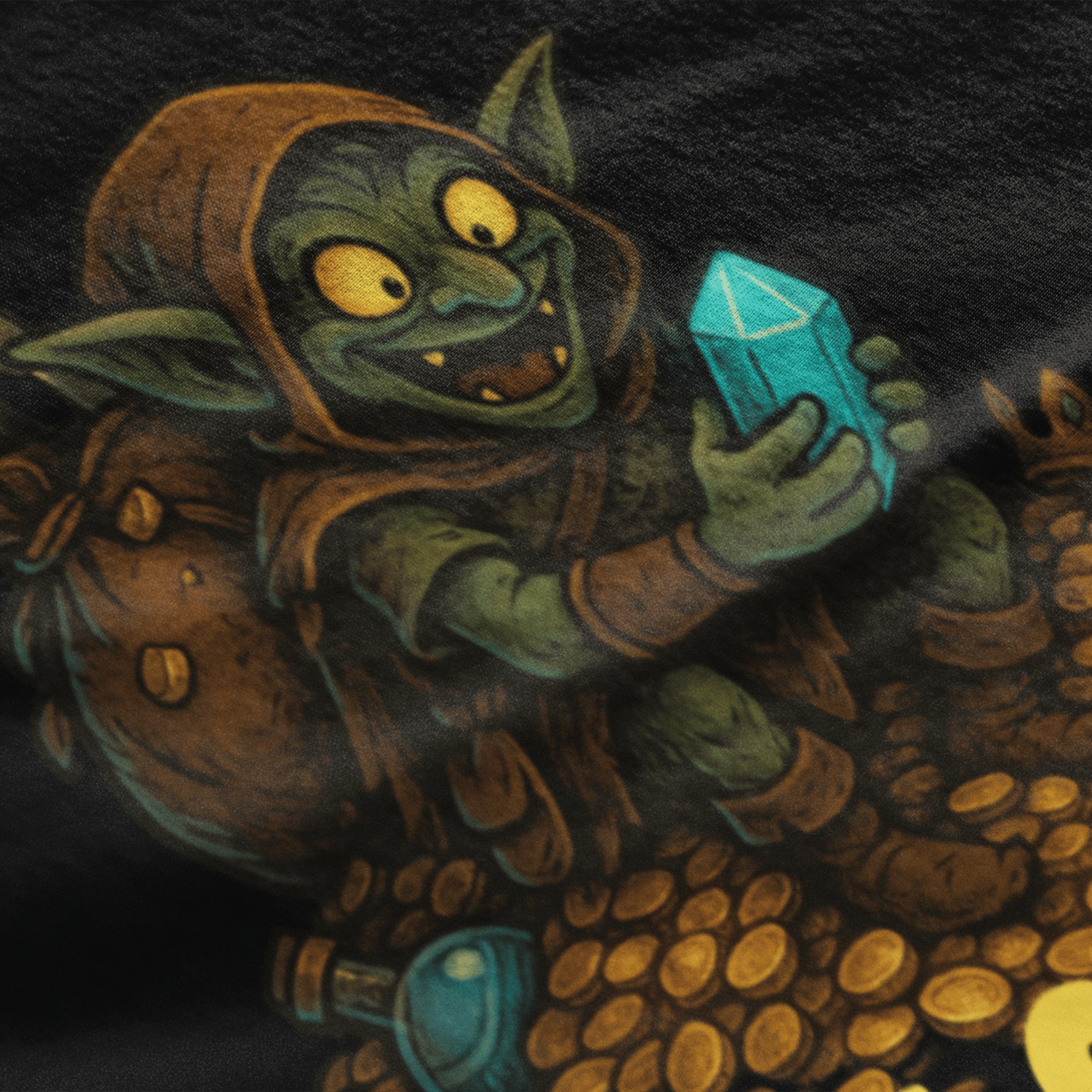 close up of funny D&D tshirt with loot goblin sat on hoard of treasure