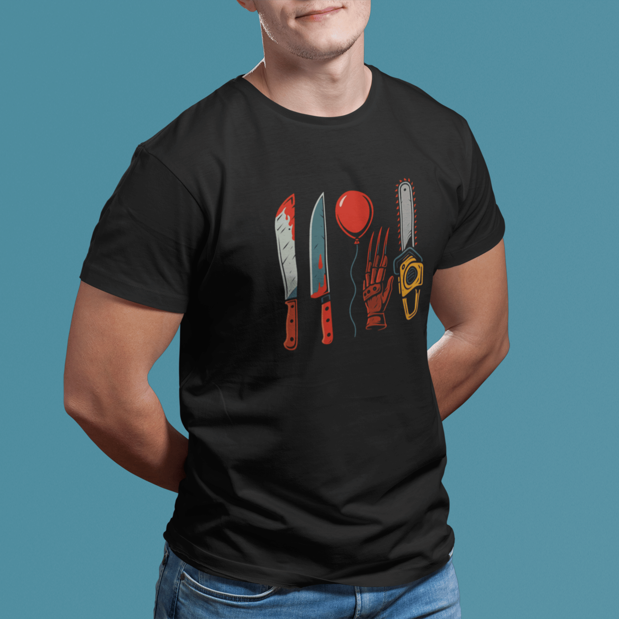 close up of man wearing Horror movie villain weapons tshirt