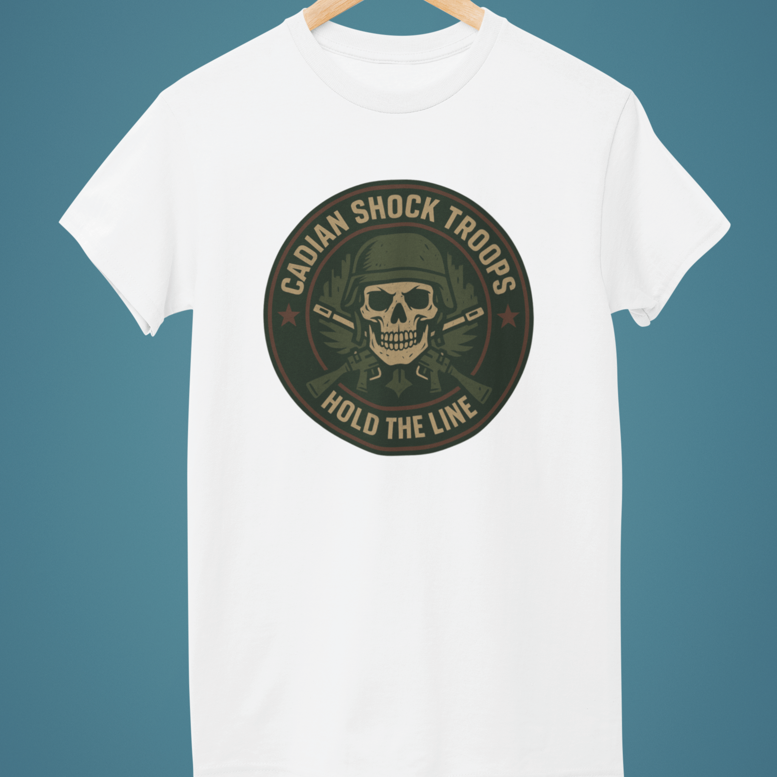 white Warhammer 40k cadian shock troop tshirt