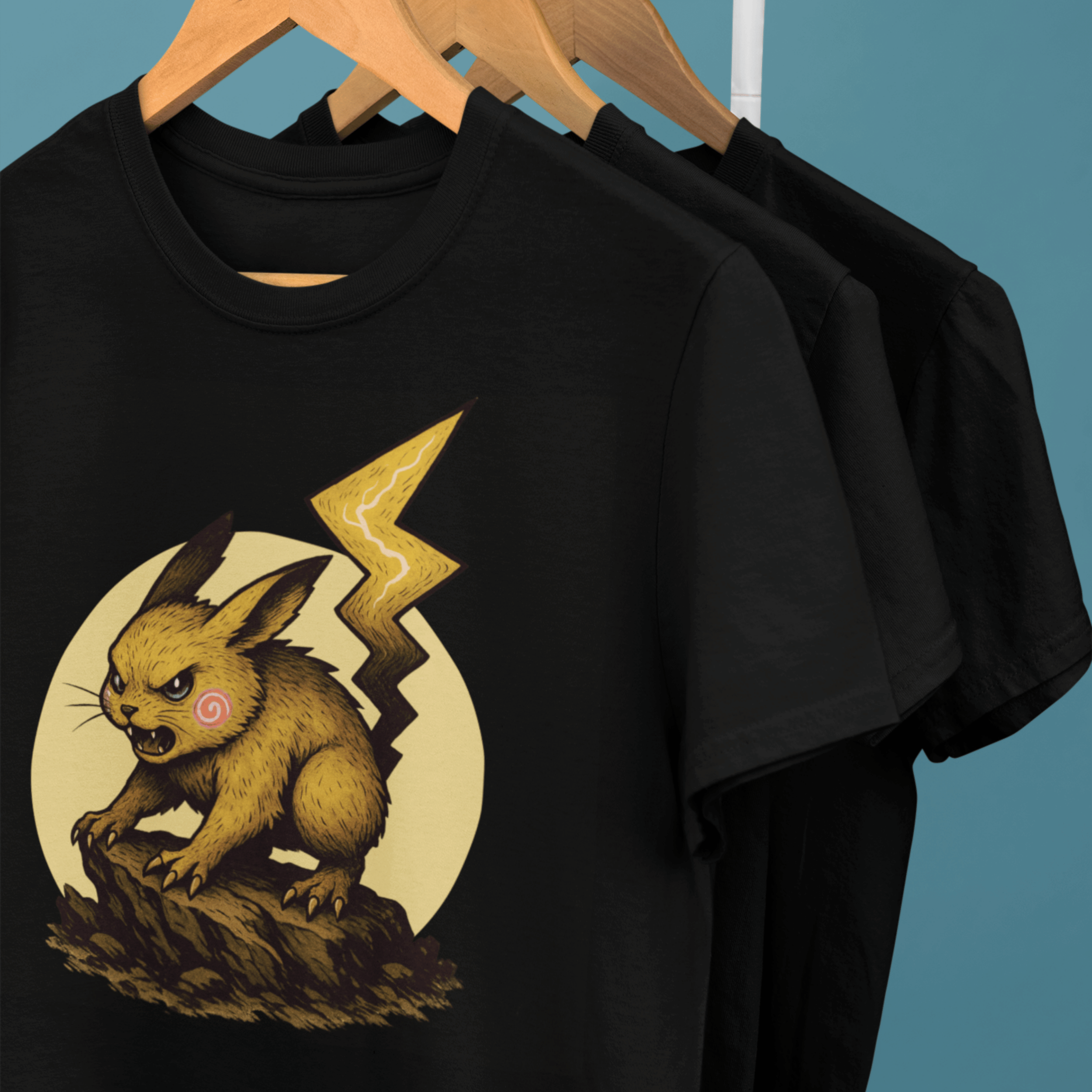 clothes rack of Pokemon t-shirts with fantasy Pikachu creature