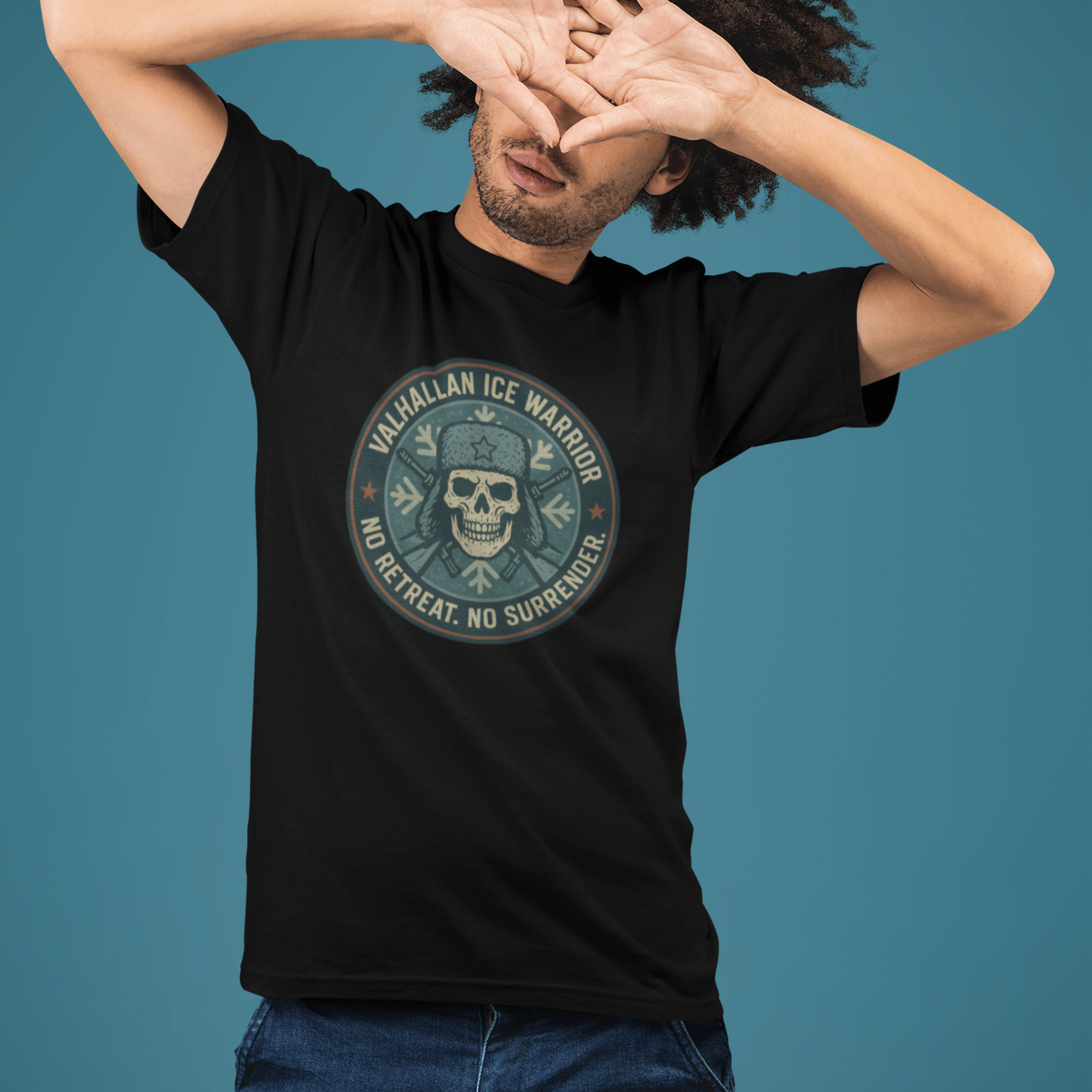 man covering face wearing Warhammer 40k Valhallen Ice Warror tshirt with Imperial Guard emblem