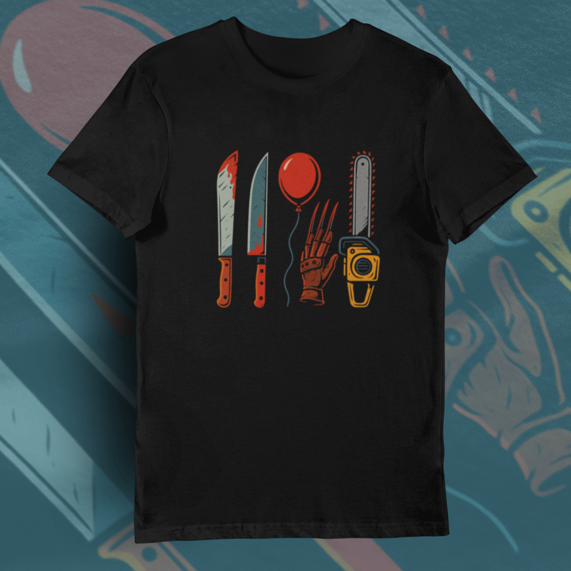 Halloween t-shirt with horror movie character weapons