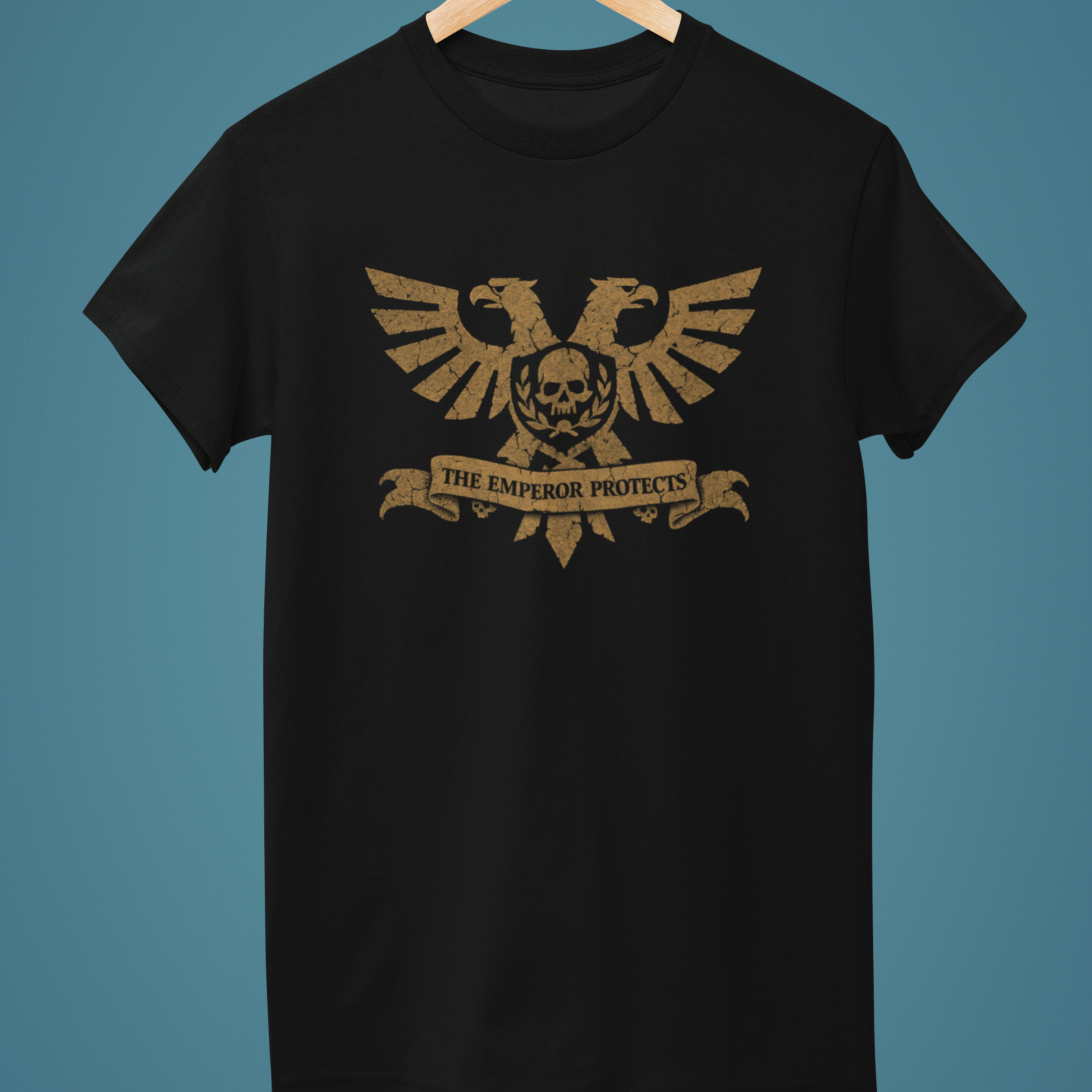 black Warhammer 40k tshirt with aquila and classic quote "the emperor protects"