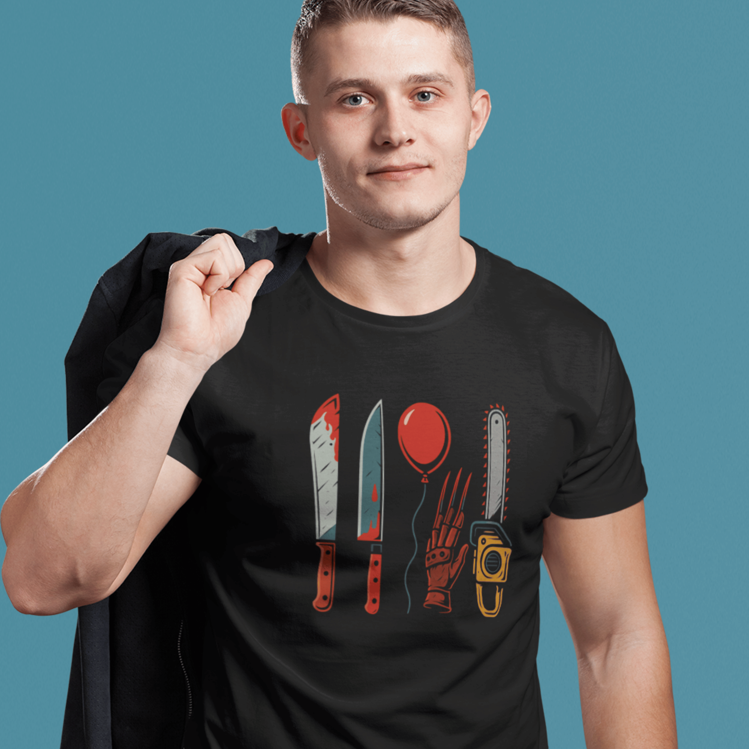 man wearing Horror movie villain weapons tshirt