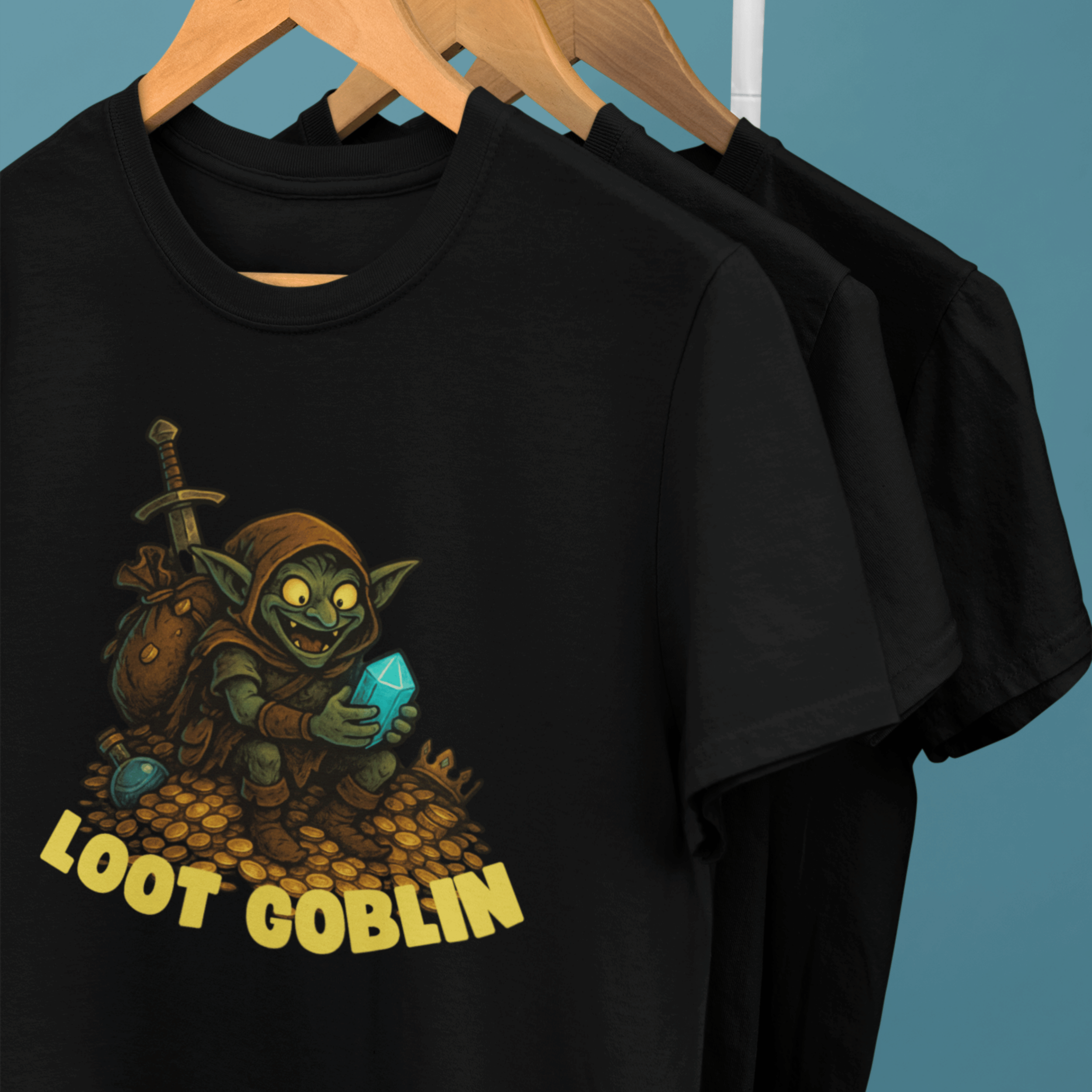 rack of funny D&D tshirts with loot goblin sat on hoard of treasure