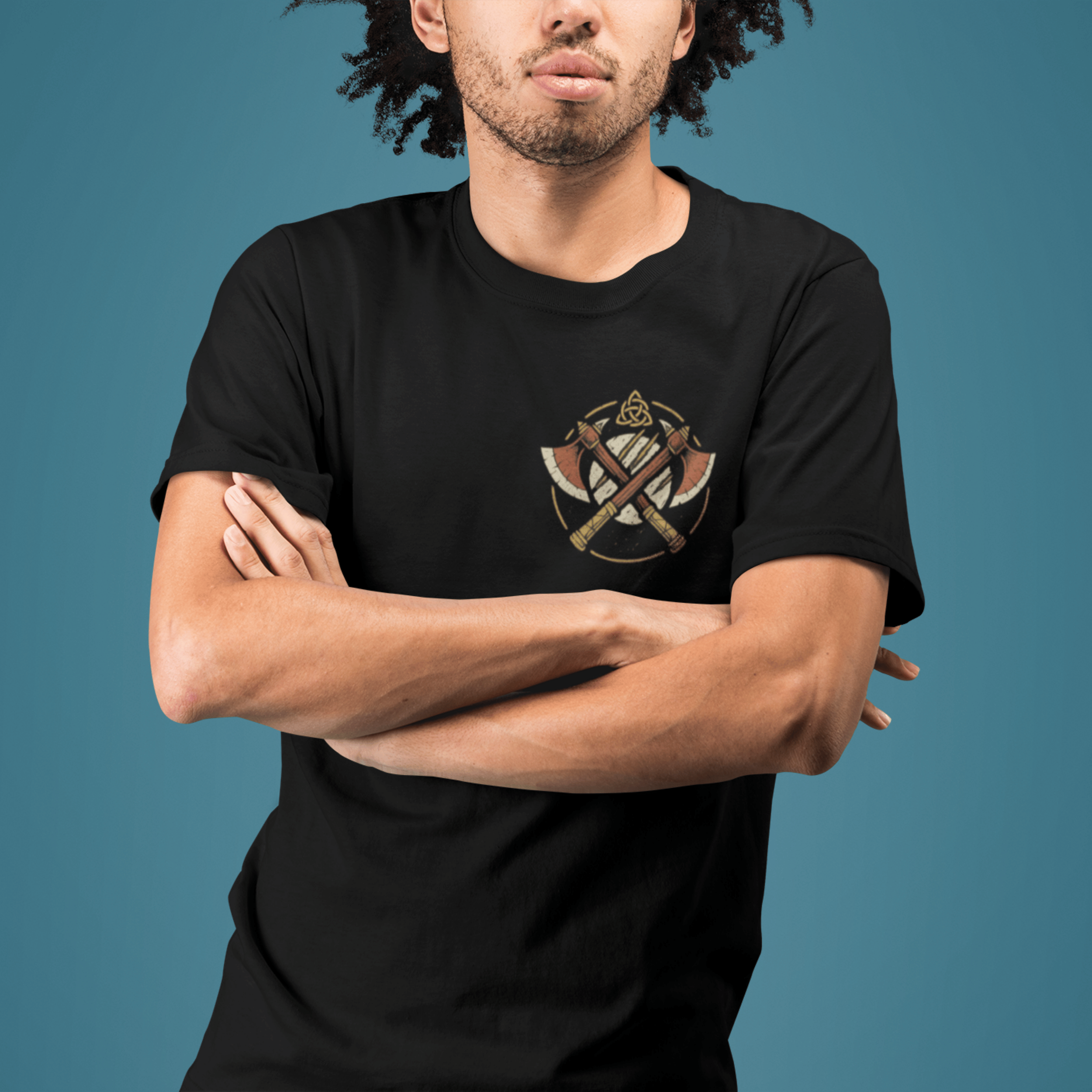 close up of man wearing D&D Barbarian T-Shirt with Strength Through Fury Back Design