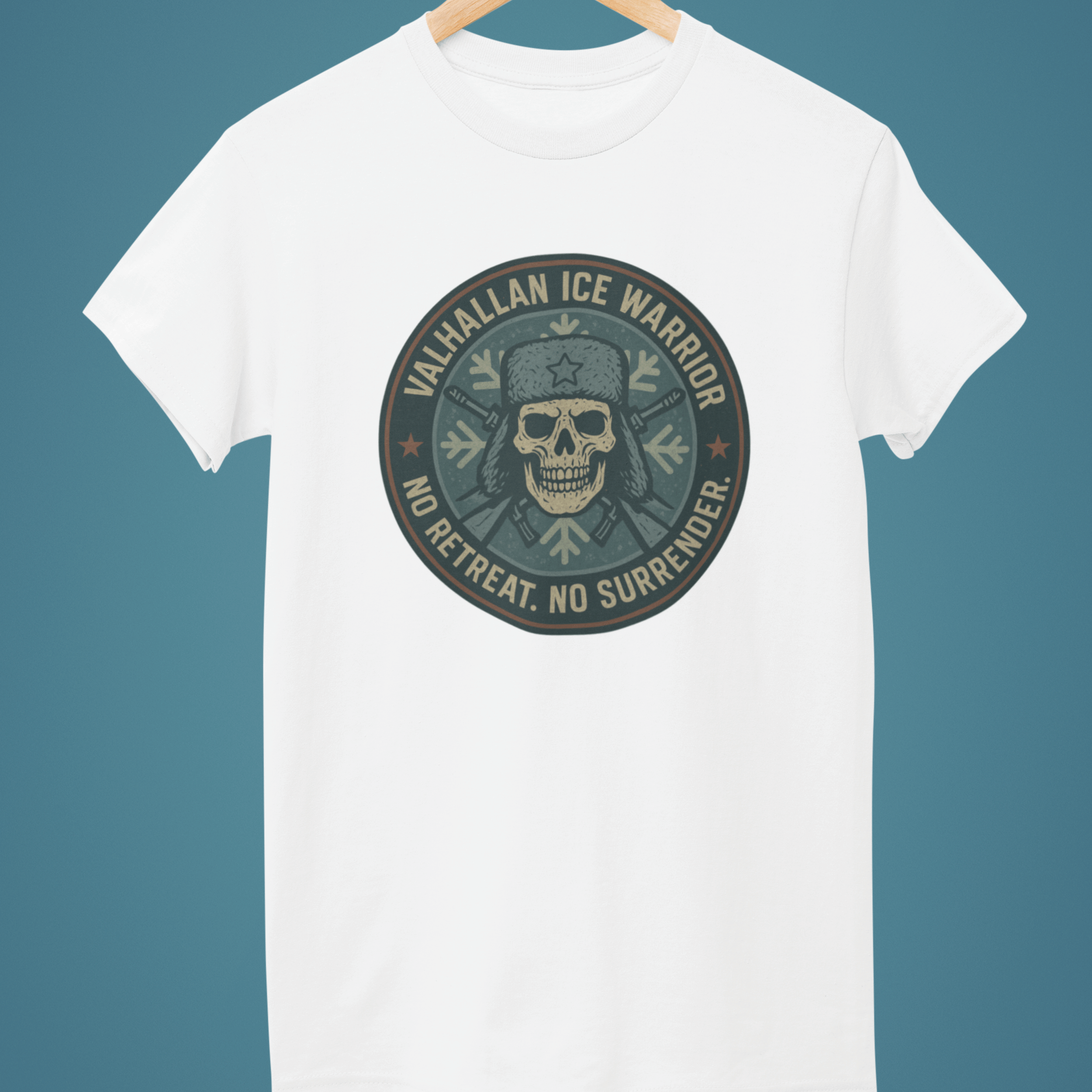 white Warhammer 40k Valhallen Ice Warror tshirt with Imperial Guard emblem