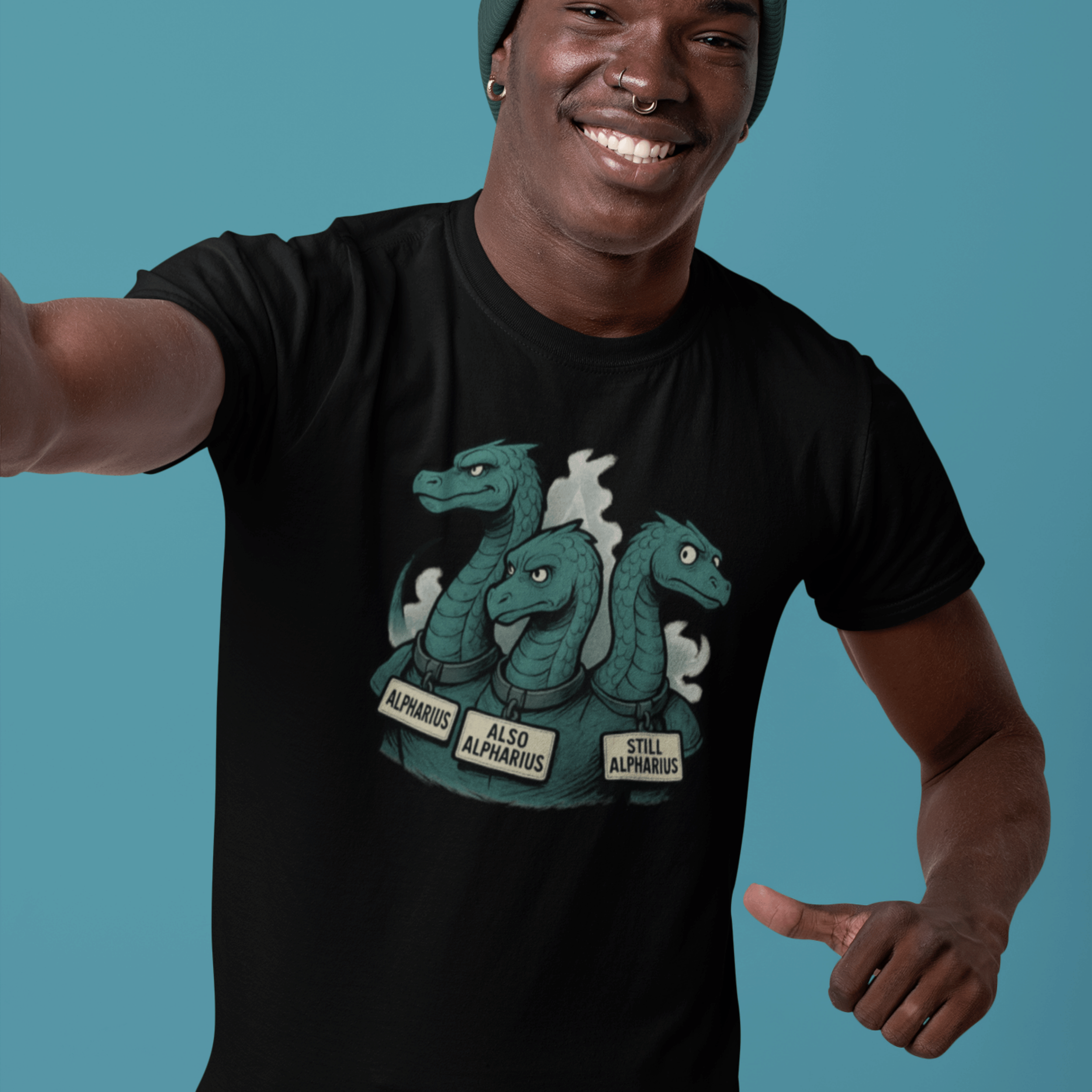 close up of man wearing Warhammer alpha legion tshirt with three-headed hydra all called Alpharius