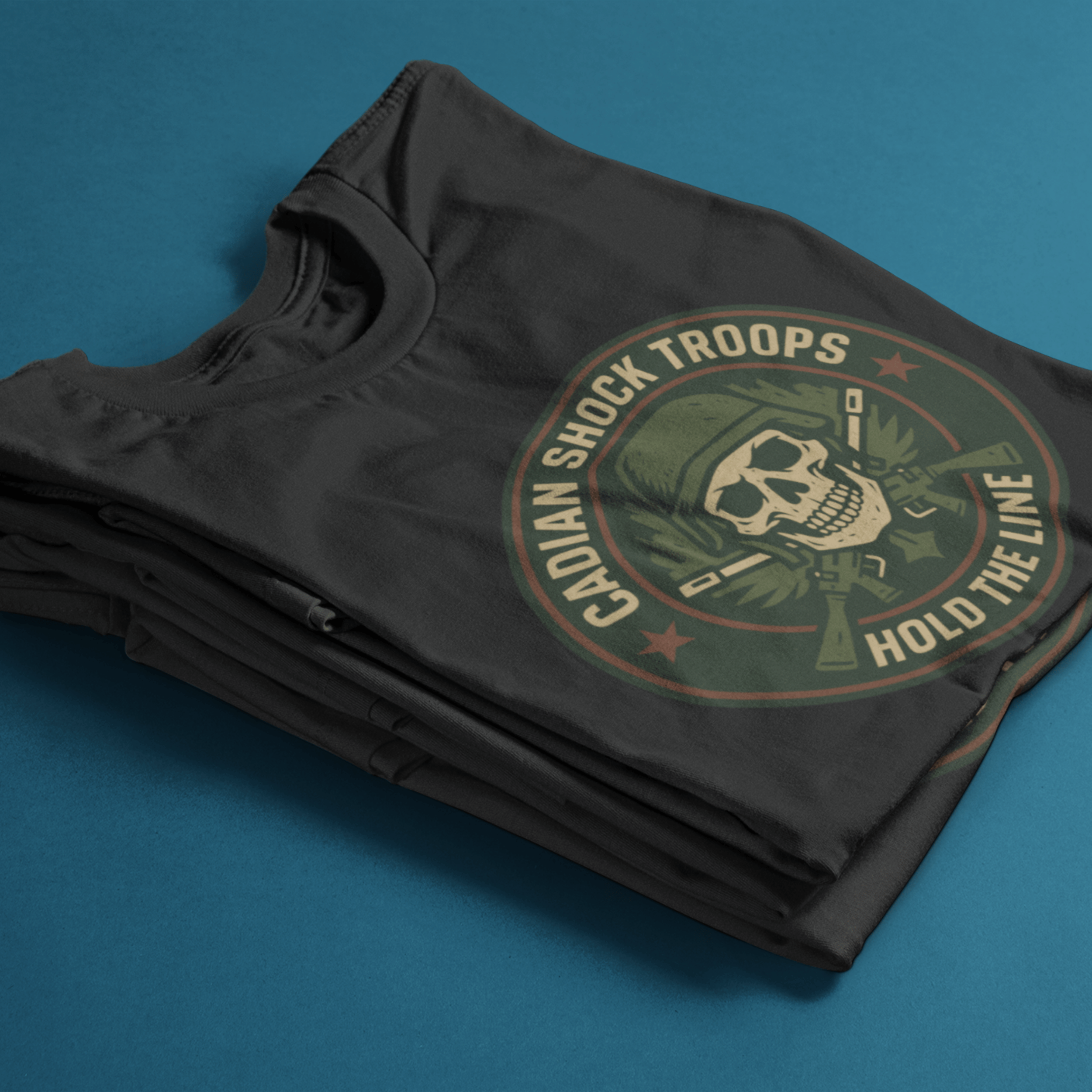 folded Warhammer 40k cadian shock troop tshirt