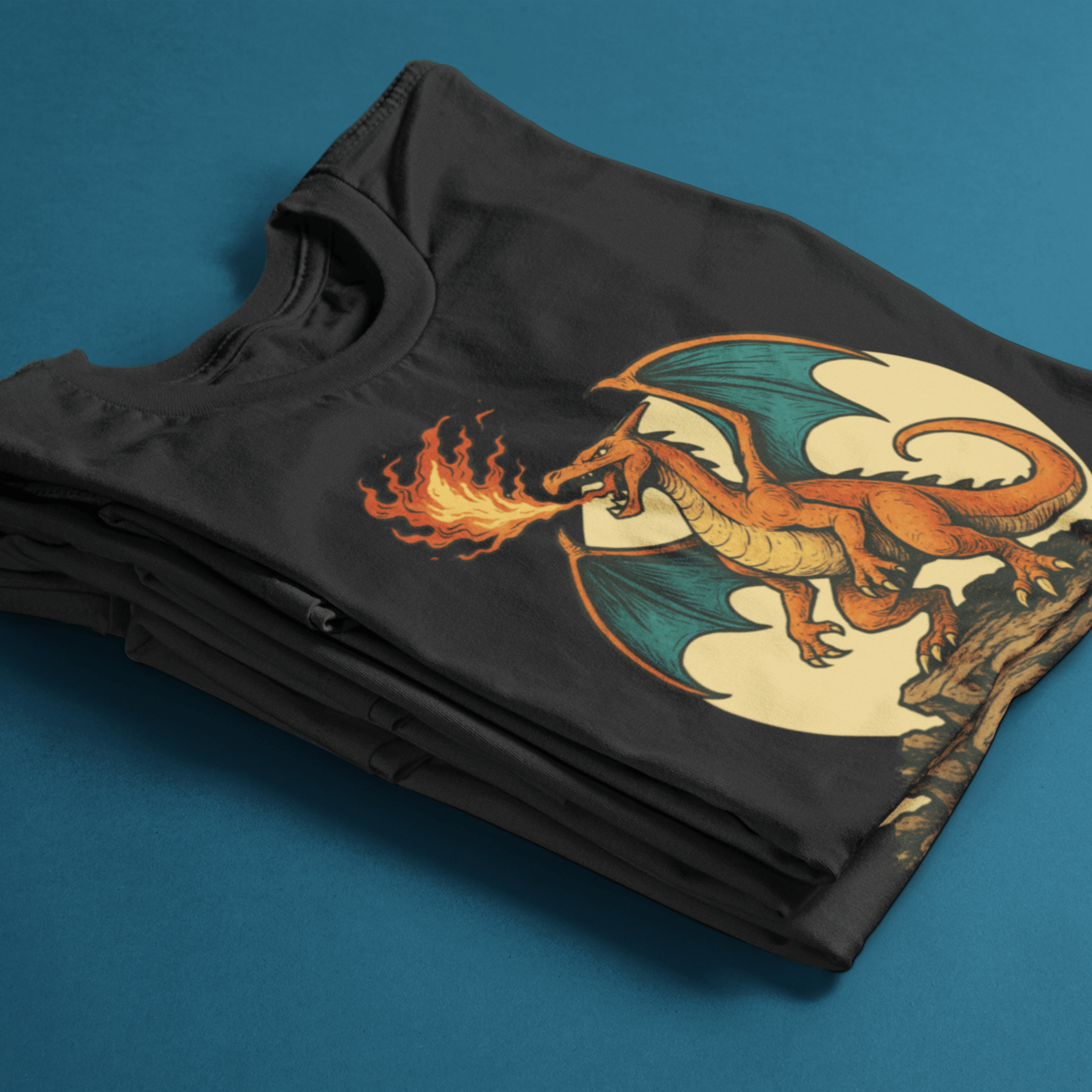 folded Pokemon t-shirt with fantasy style charizard dragon