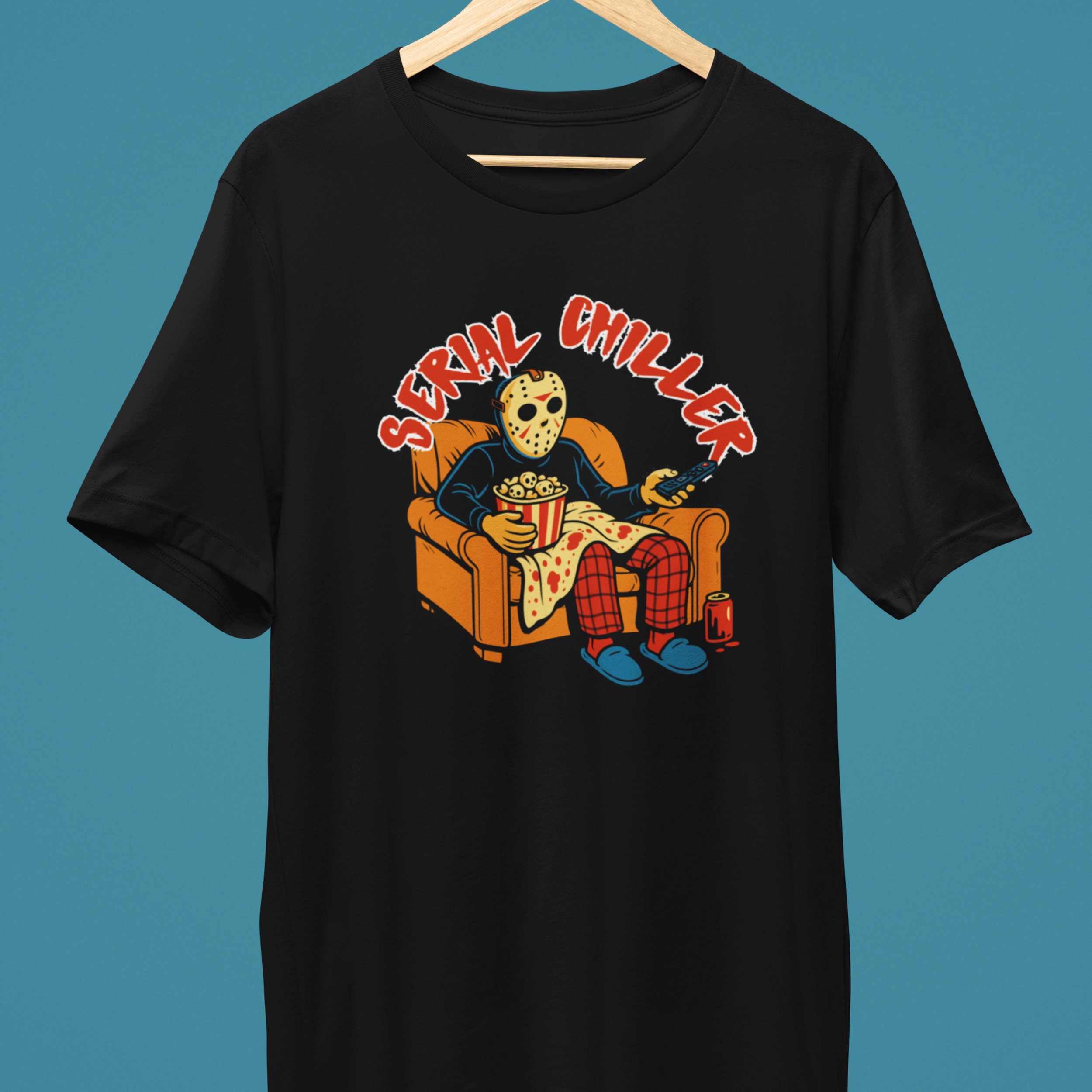 black horror movie lover t-shirt with jason vorhees watching slasher movies