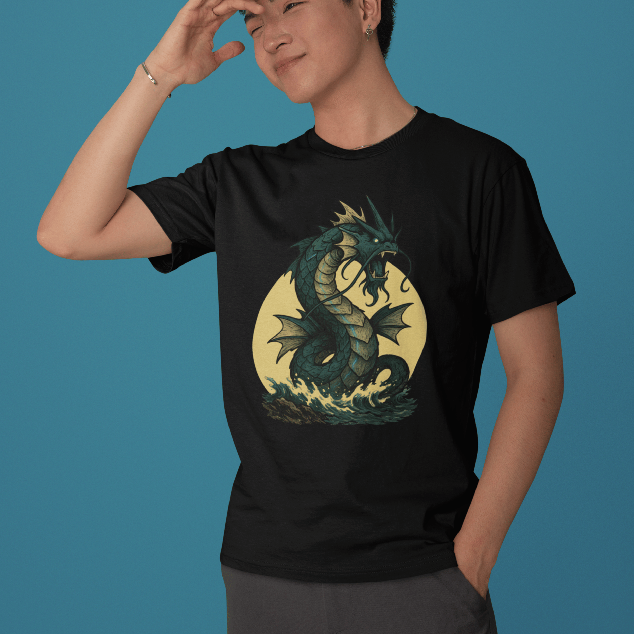 close up of man wearing Fantasy pokemon t-shirt inspired by Gyarados