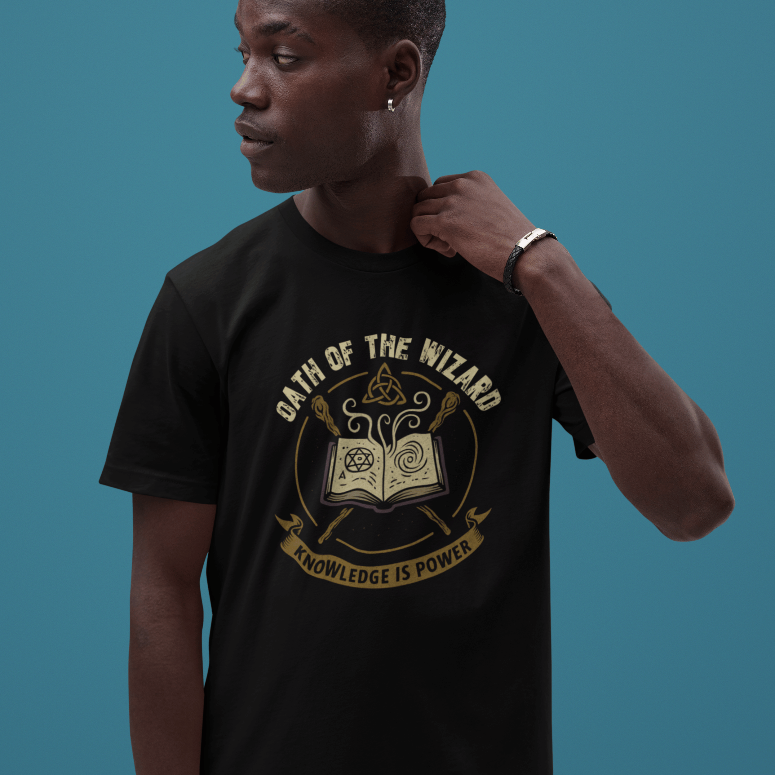 close up of man wearing D&D-inspired wizard T-shirt for tabletop RPG players with subtle gaming humour