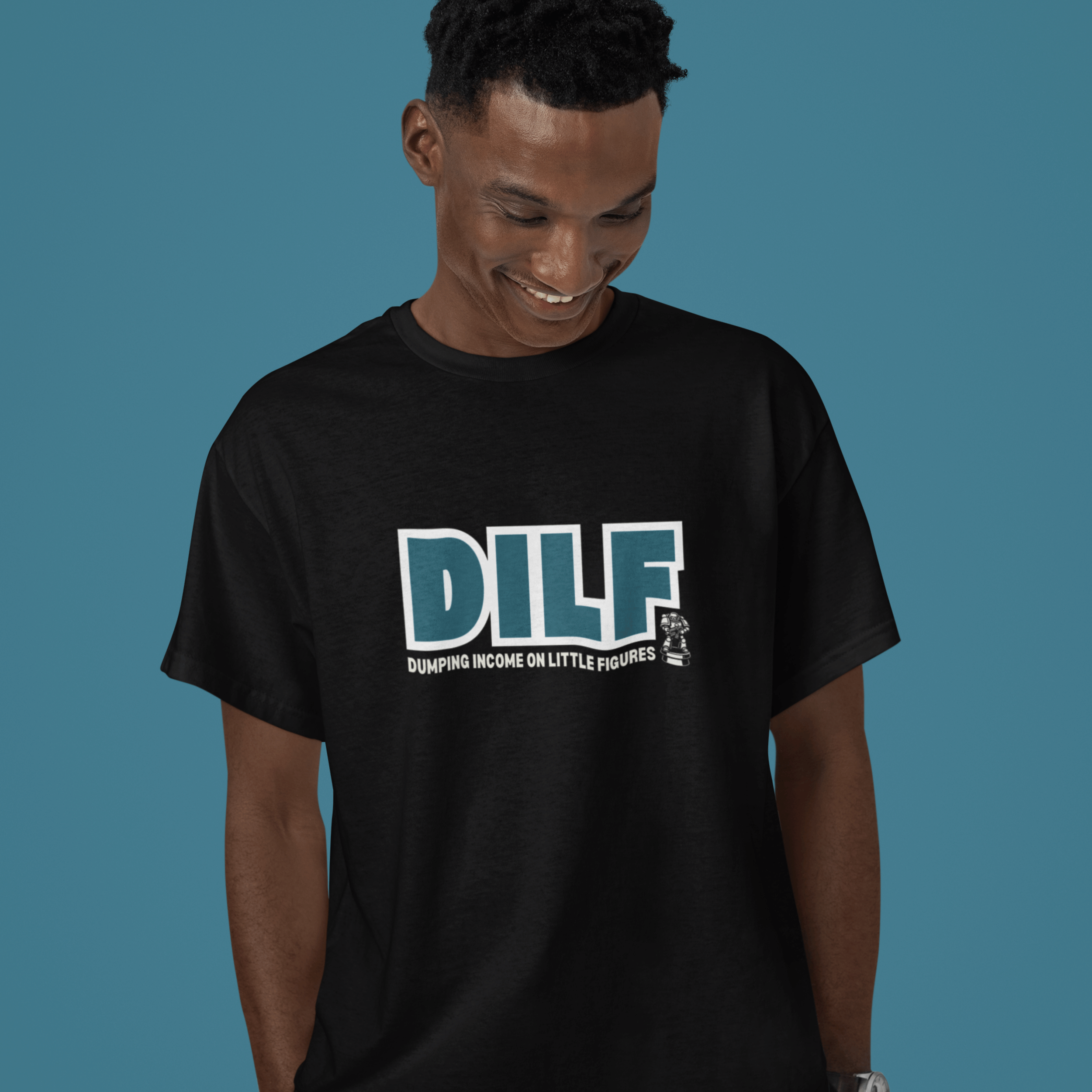 Man wearing funny warhammer 40k tshirt with slogan "DILF: dumping income on little figures"