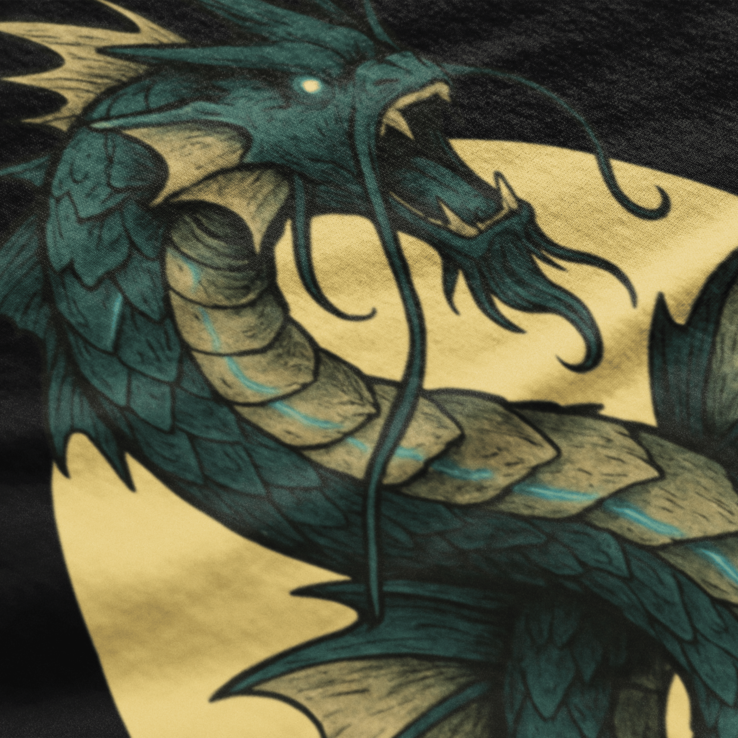 close up of Fantasy pokemon t-shirt inspired by Gyarados