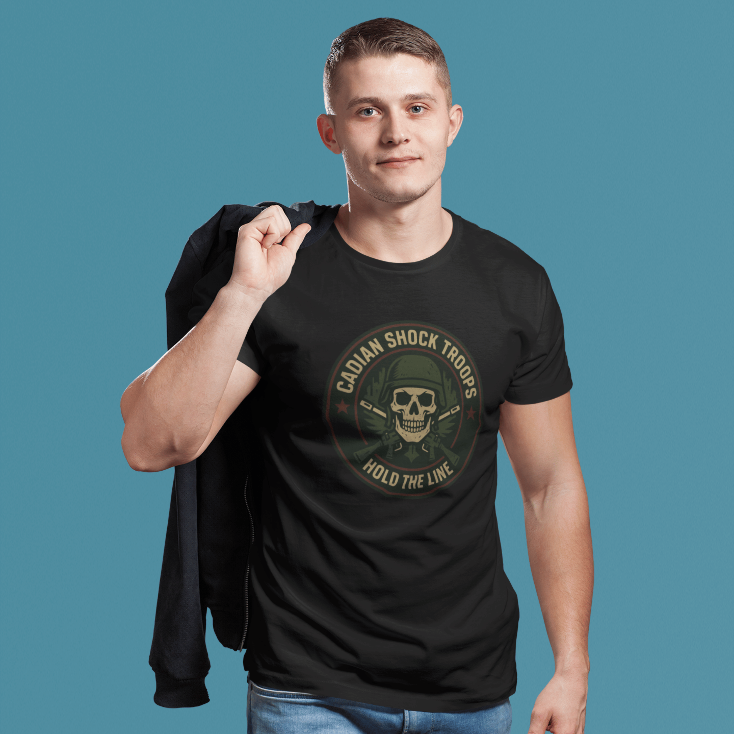 man smiling wearing Warhammer 40k cadian shock troop tshirt