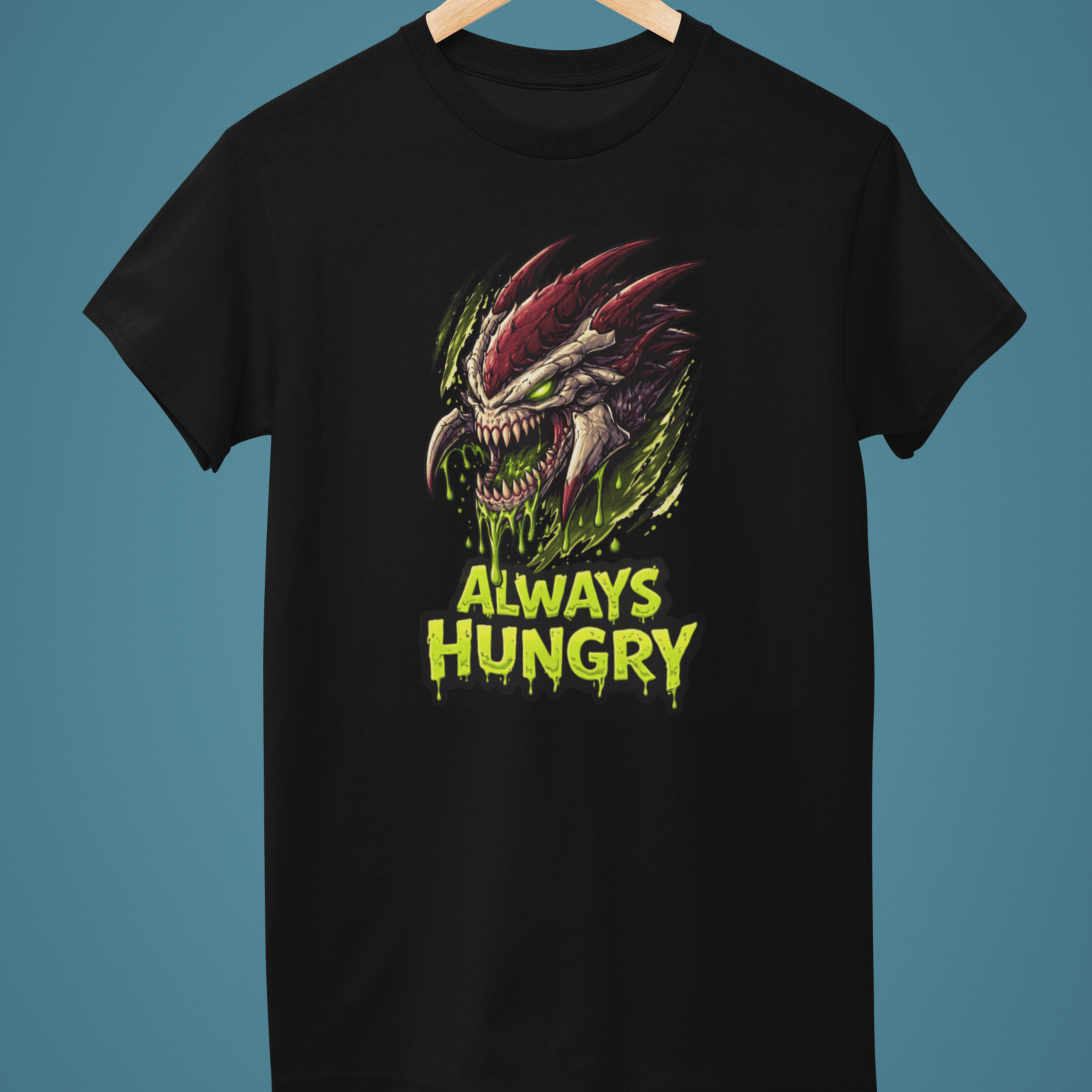black Warhammer 40k Tyranids t-shirt with "Always Hungry" slogan
