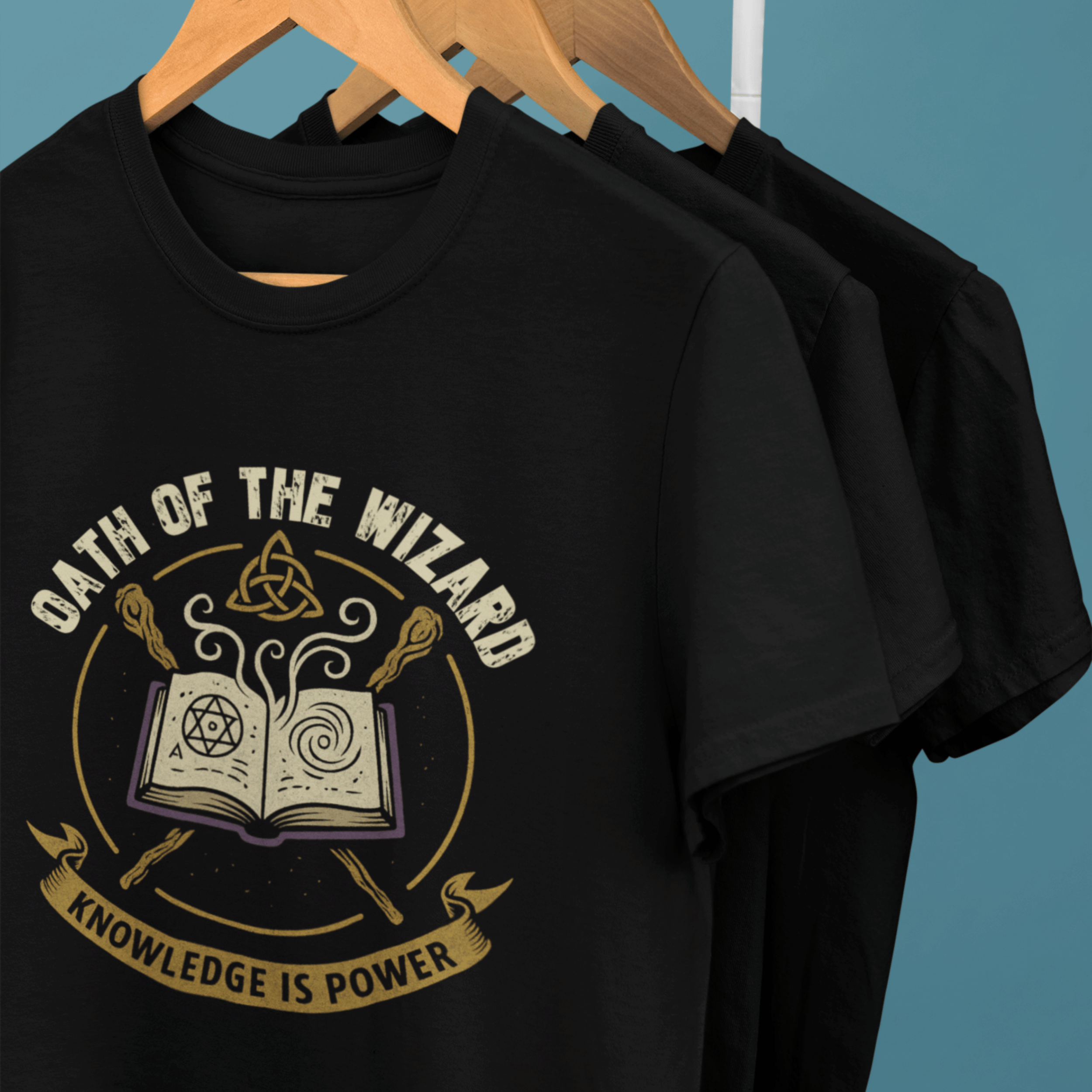 Rack of D&D-inspired wizard T-shirts for tabletop RPG players with subtle gaming humour