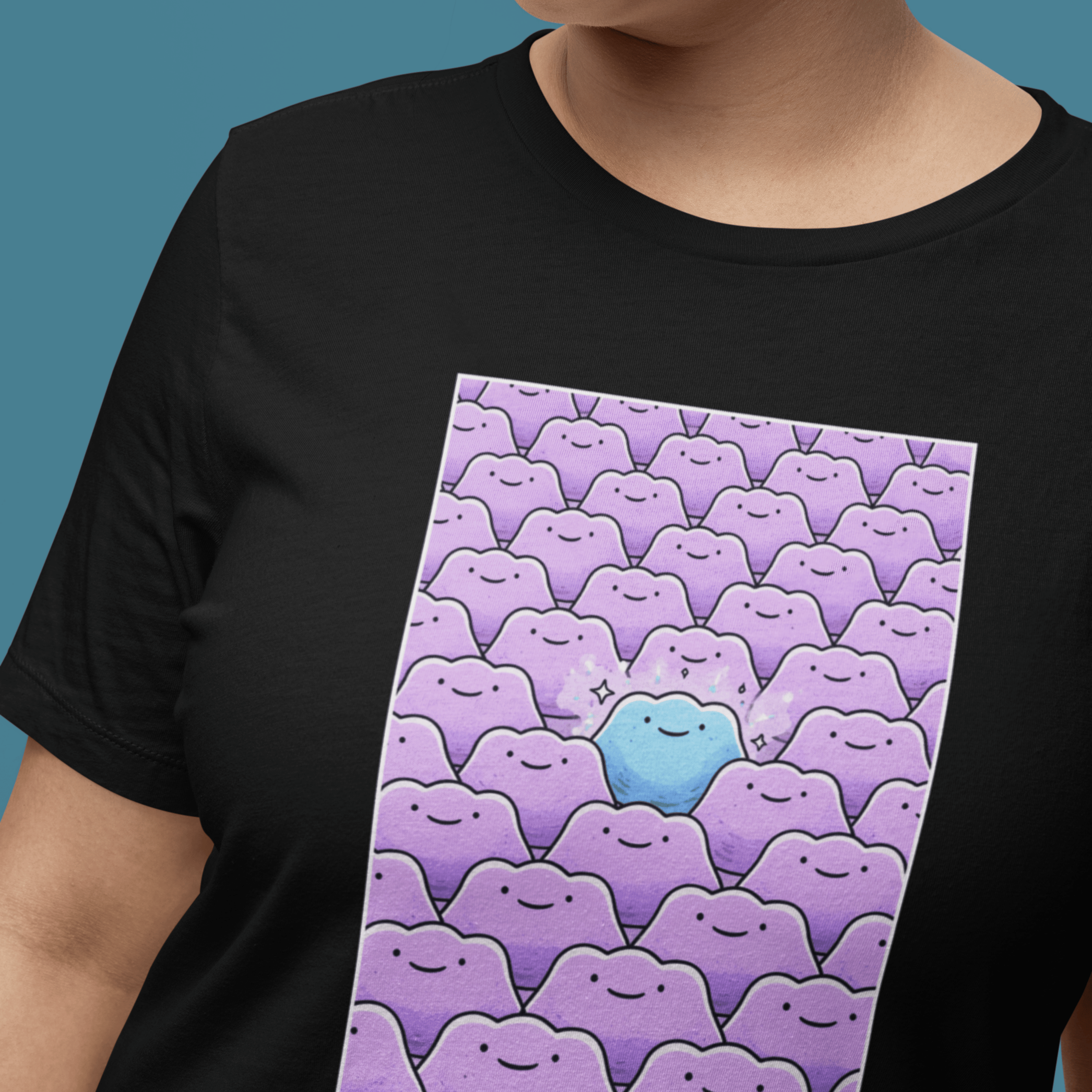 close up of woman wearing shiny ditto tshirt