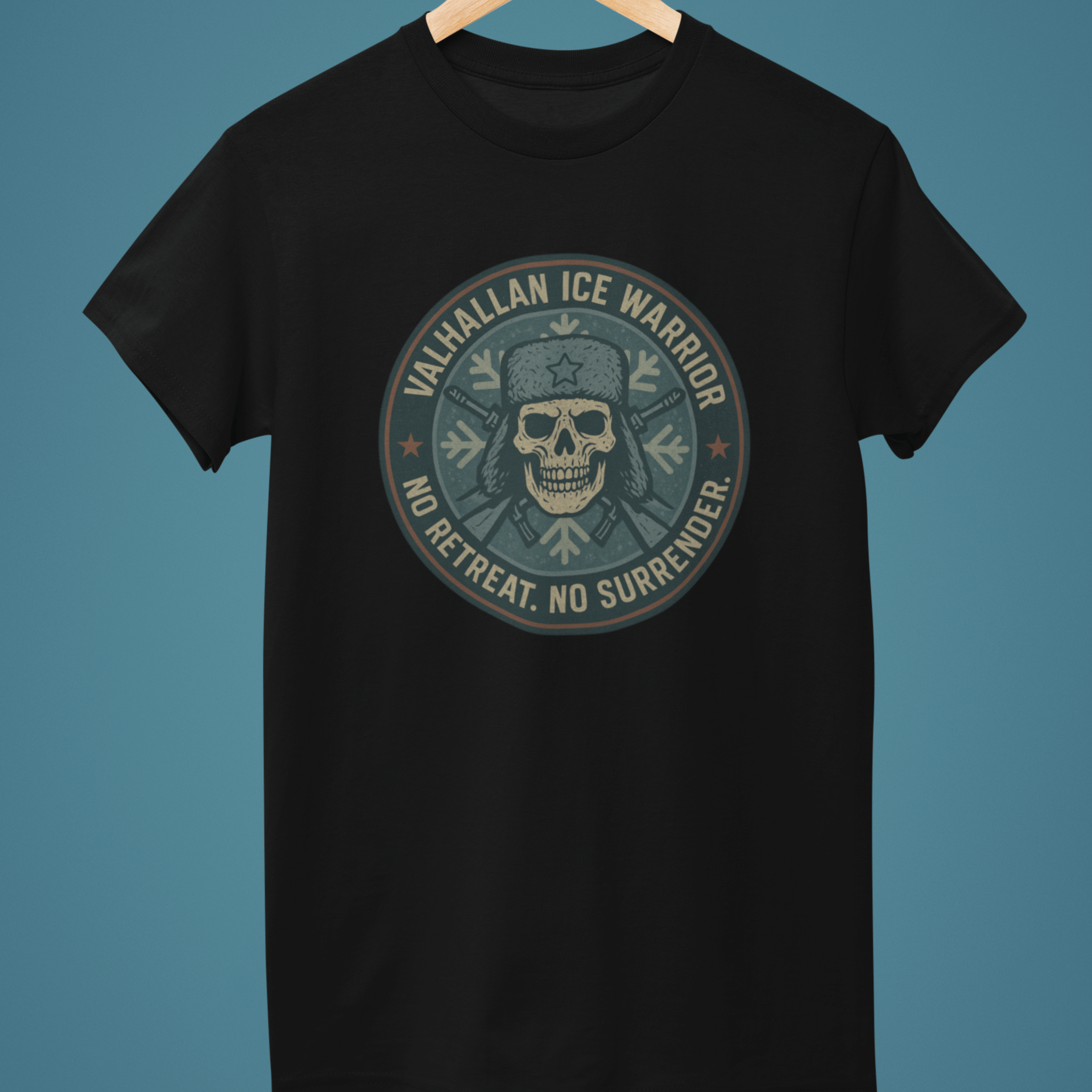 black Warhammer 40k Valhallen Ice Warror tshirt with Imperial Guard emblem