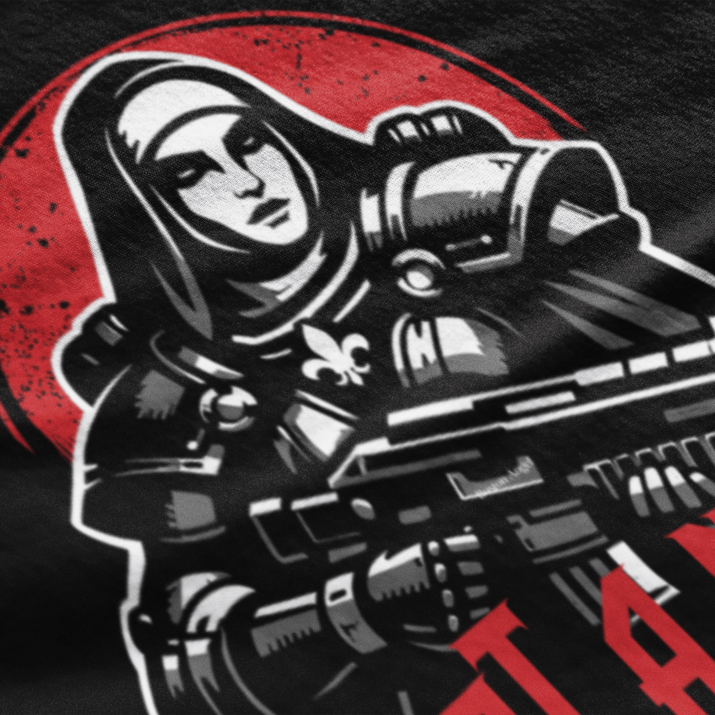 close up of Warhammer 40k Adepta Sororitas t-shirt featuring "just a nun with a gun" graphic