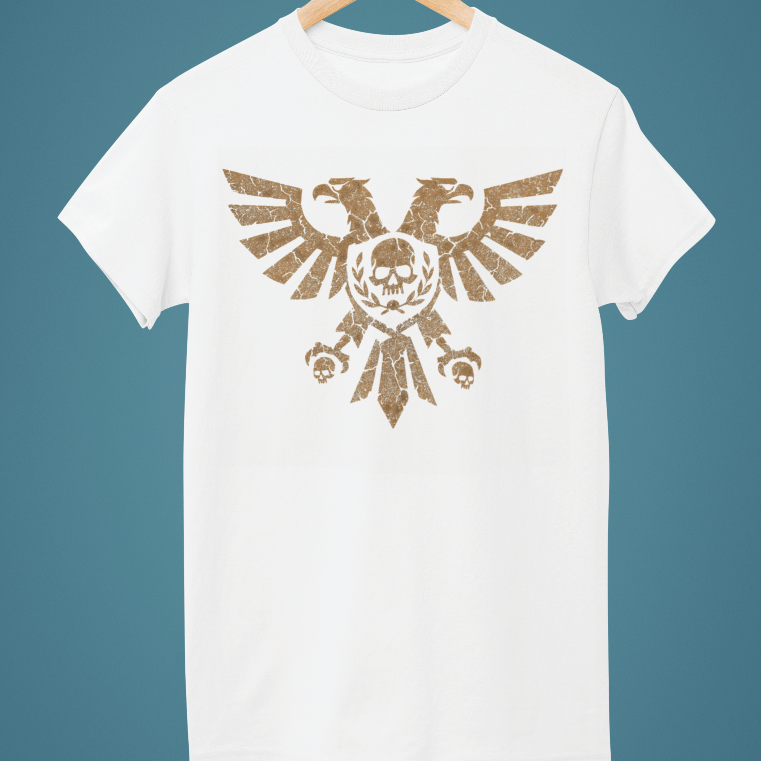 white Warhammer 40k tshirt with gold aquila symbol in gold