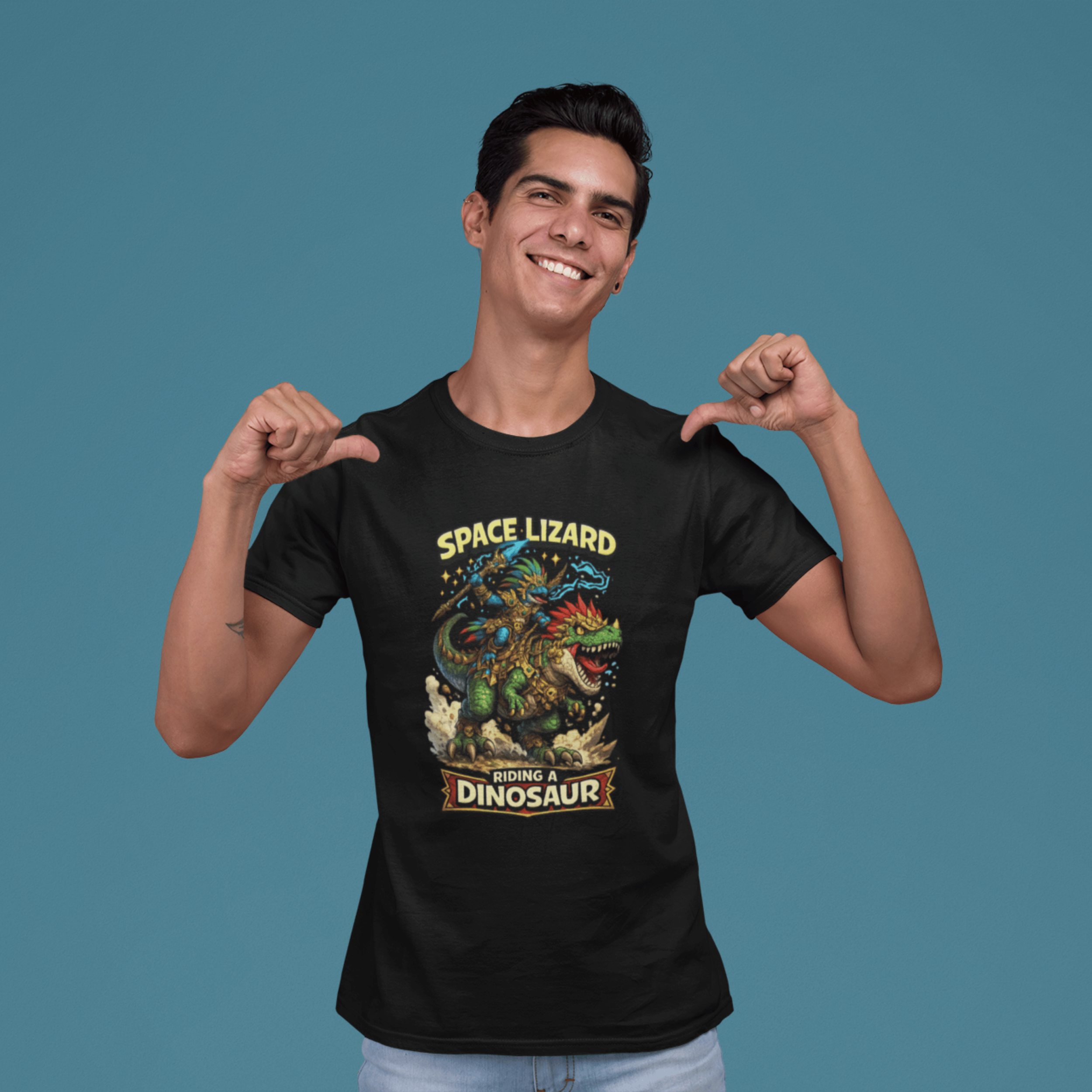 man smiling Warhammer Age of Sigmar Seraphon t-shirt featuring a space lizard riding a dinosaur